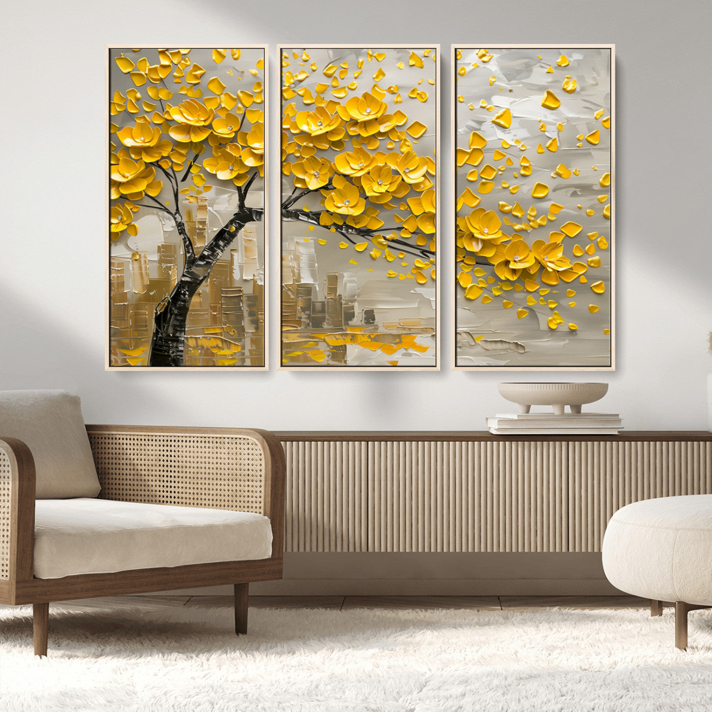 MGV-FC-48X32-3P - Yellow Blossom Tree Canvas Wall Art - Floral Abstract Modern Contemporary Artwork for Living Room or