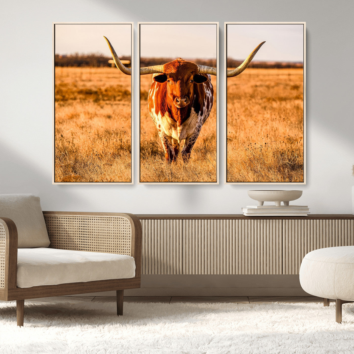 MGV-FC-48X32-3P - Longhorn Cow Wall Art | Ready to Hang Framed Canvas Print for Farmhouse and Barn Decor