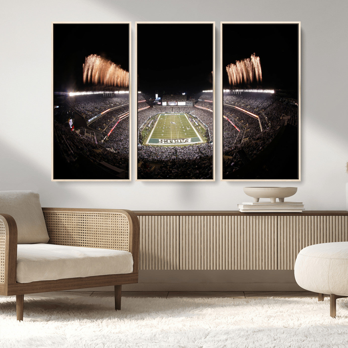 48893-MGV-FC-48X32-3P_Natural-Eagles Field Stadium Wall Art - Lincoln Financial Field Fireworks Game Triple Canvas Wall Art -