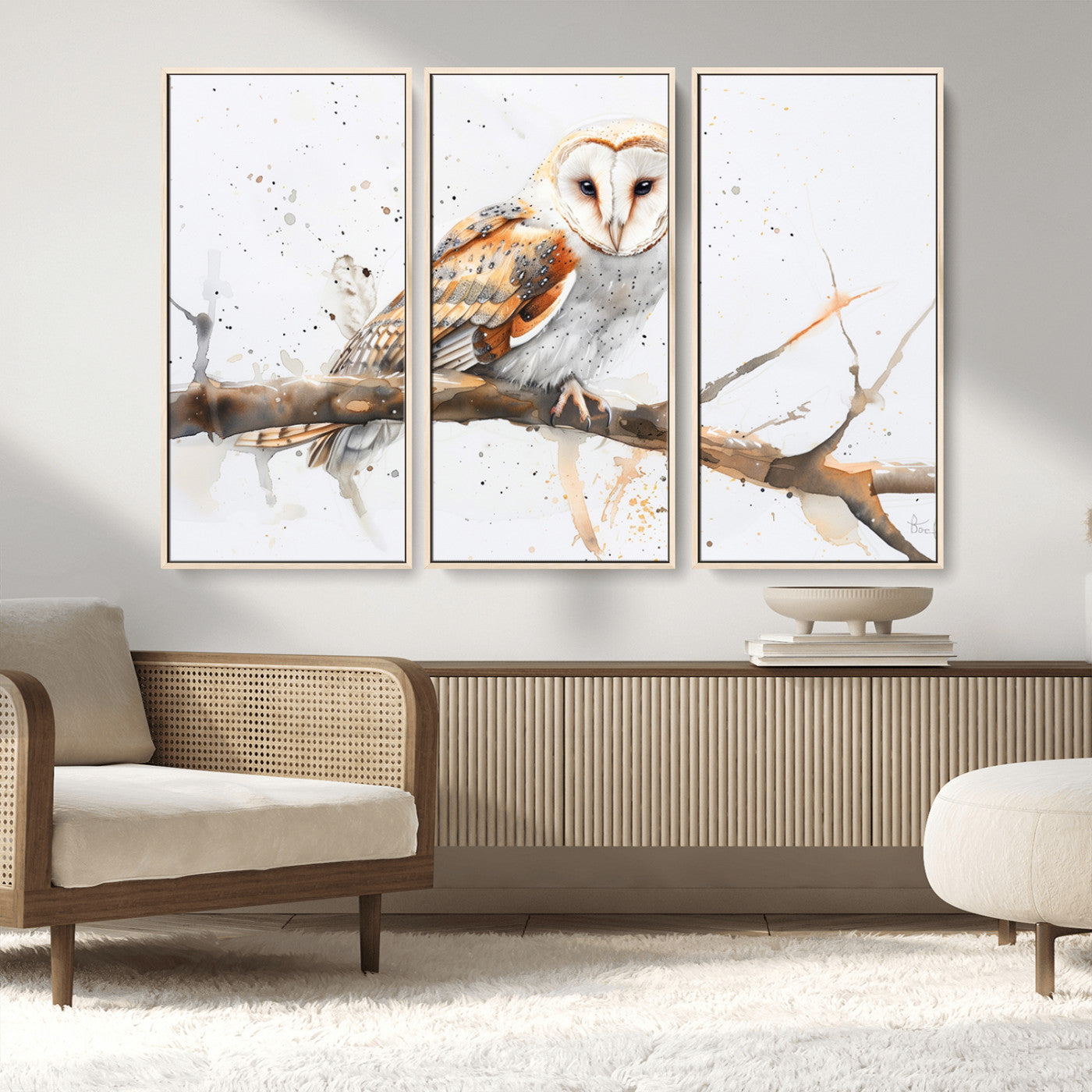 MGV-FC-48X32-3P - Barn Owl Wall Art on Branch | Stunning Canvas Print for Nature Lovers | Ready to Hang and Framed