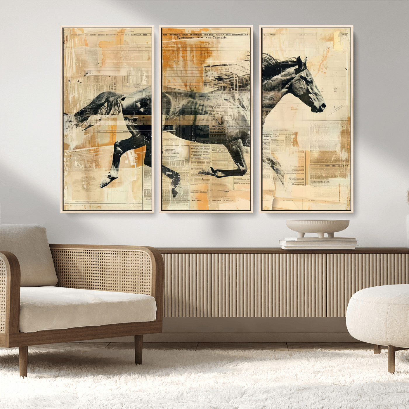 MGV-FC-48X32-3P - Chines Style Running Horse Western Wall Art | Farmhouse Wall Decor | Ready to Hang Framed Canvas