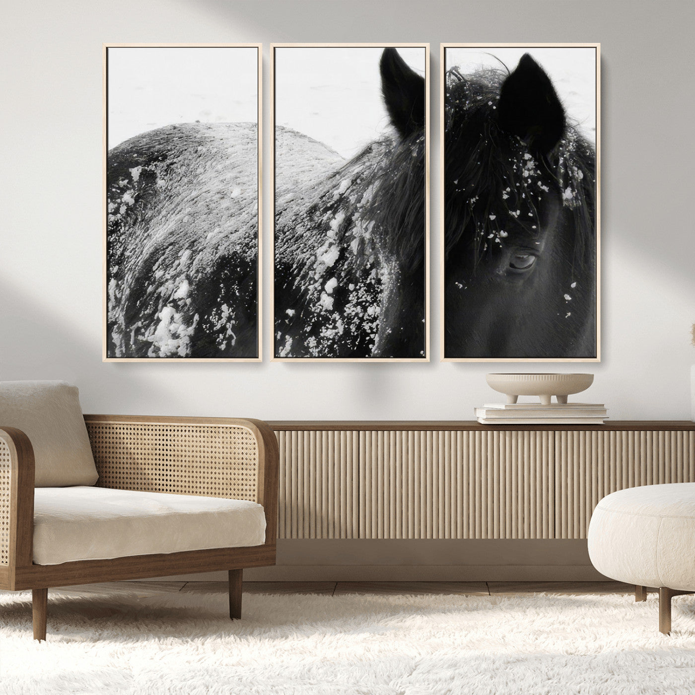 MGV-FC-48X32-3P - Black Horse in Snow Canvas Print | Winter Horse Wall Art | Ready to Hang and Framed | Farmhouse Wall