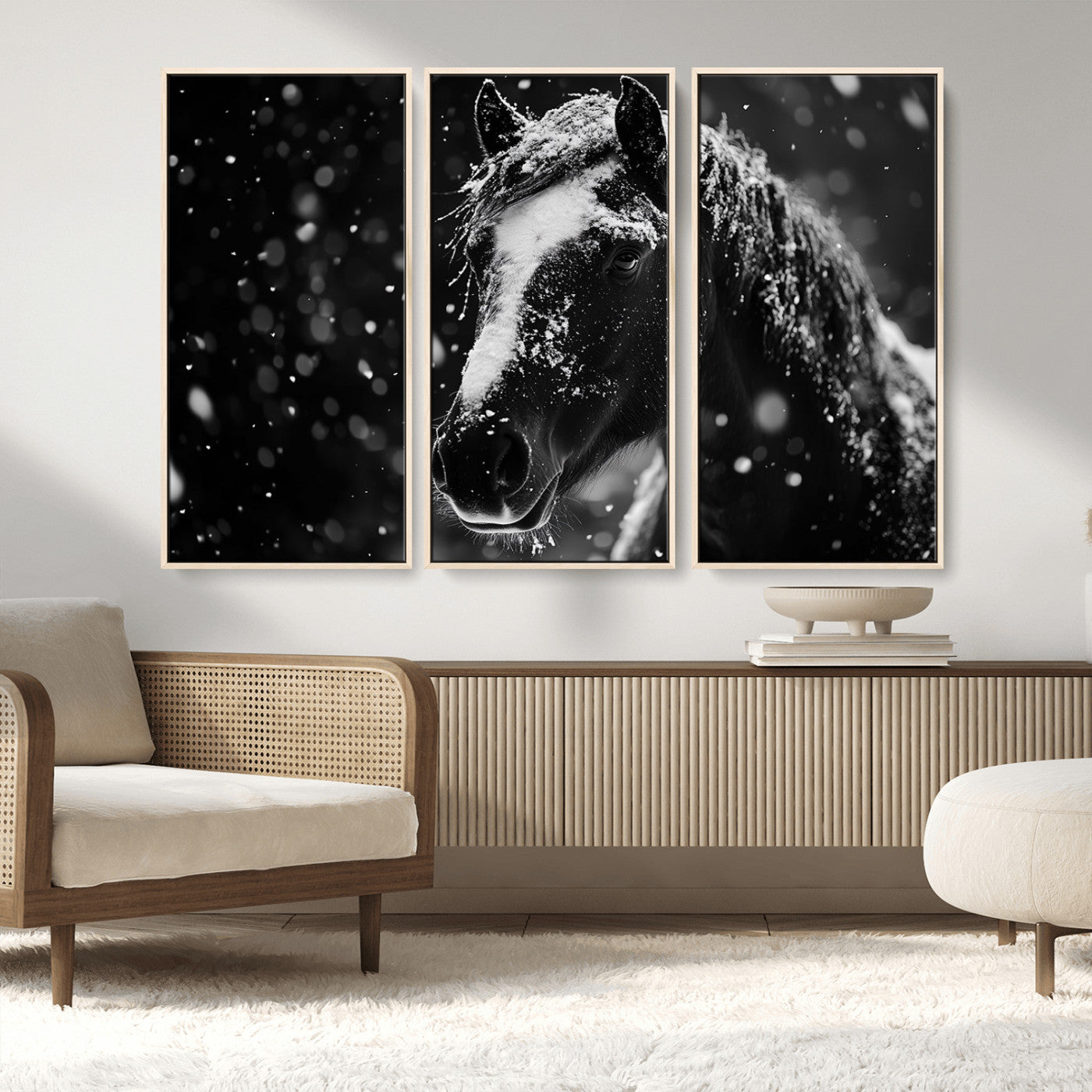 MGV-FC-48X32-3P - Winter Horse Wall Art | Black and White Horse Print | Ready to Hang and Framed | Farmhouse Wall Art