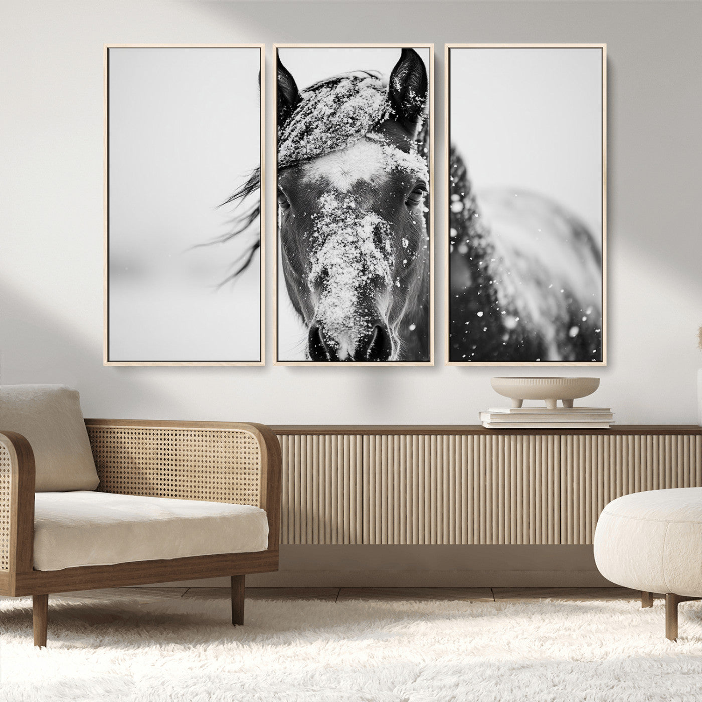 MGV-FC-48X32-3P - Western Wall Art | Black and White Winter Horse Wall Art | Ready to Hang and Framed | Farmhouse and