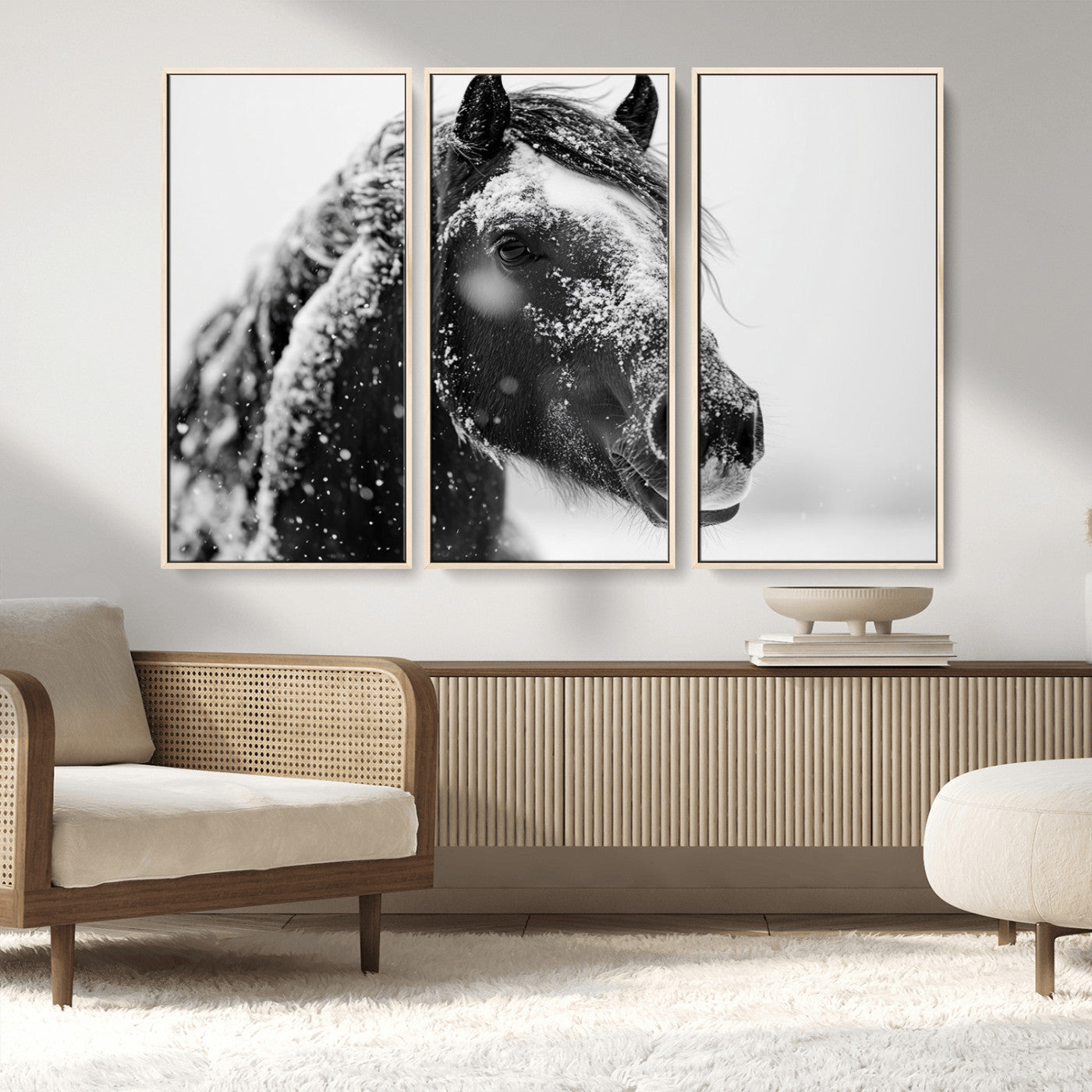 MGV-FC-48X32-3P - Winter Horse Canvas Print | Large 3-Panel Black White Equine Photography for Rustic Farmhouse Wall