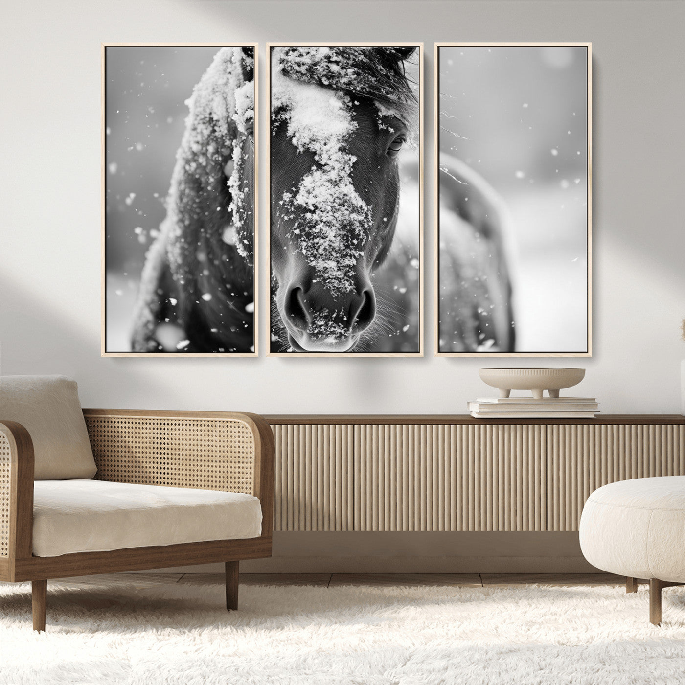 MGV-FC-48X32-3P - Black and White Horse Winter Wall Art | Ready to Hang and Framed | Farmhouse Wall Decor | Western