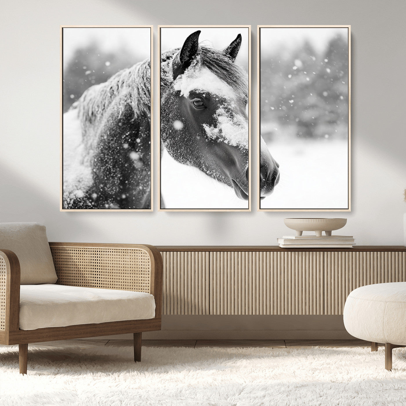 MGV-FC-48X32-3P - Black Horse Winter Wall Art | Ready to Hang and Framed | Farmhouse and Western Wall Decor for Living