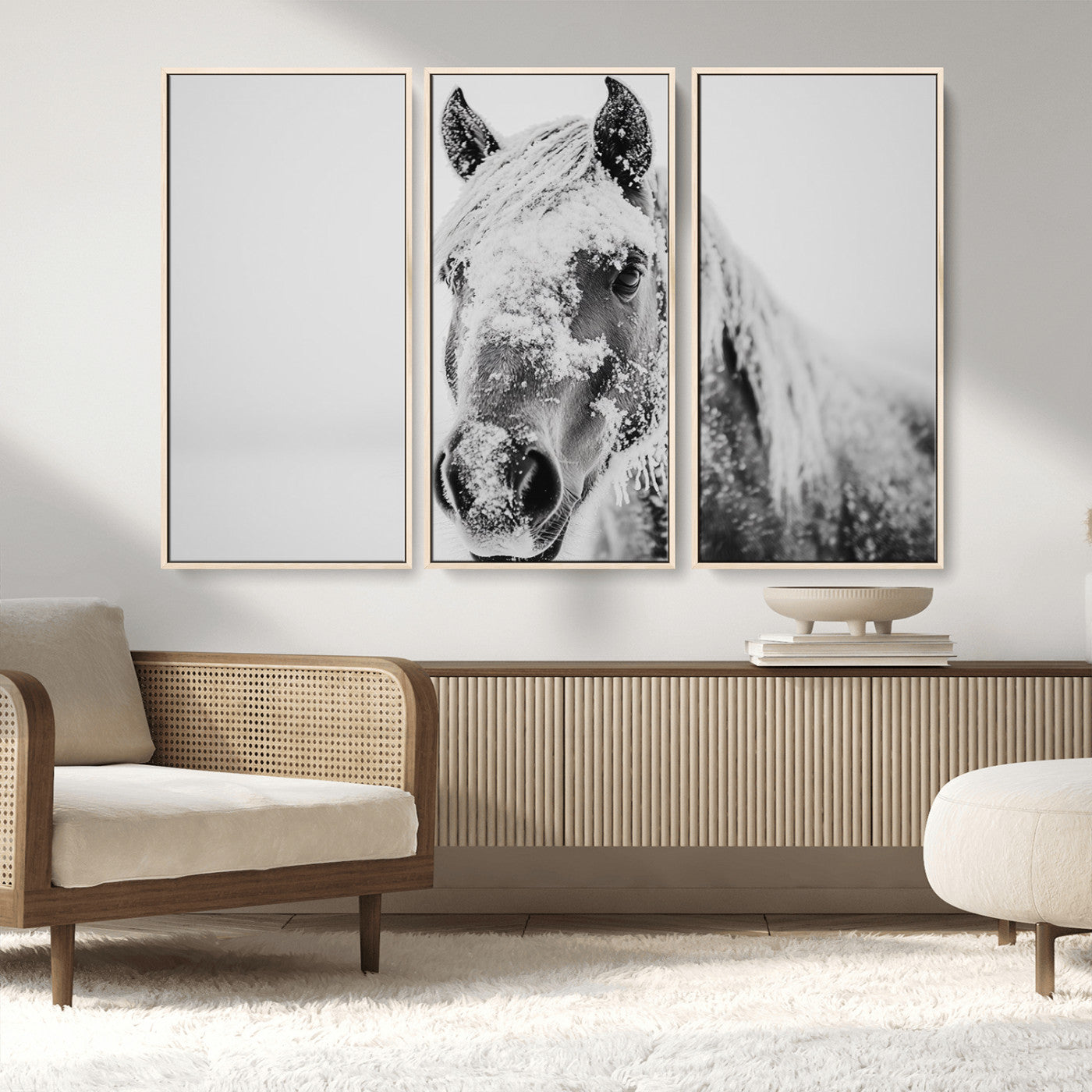 MGV-FC-48X32-3P - White Horse Wall Art | Ready to Hang and Framed | Winter Horse Wall Art Print for Farmhouse and