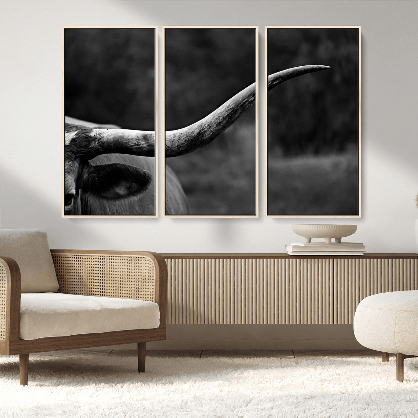 MGV-FC-48X32-3P - Cow Longhorn Wall Art | Black and White Print | Ready to Hang and Framed | Farmhouse Wall Decor |