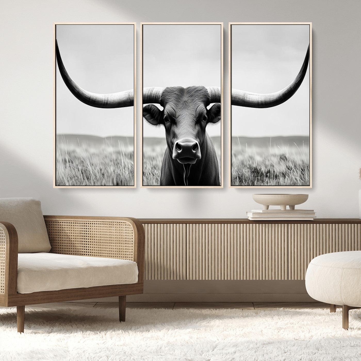 73780-MGV-FC-48X32-3P_Natural-Longhorn Bull Canvas Print | Rustic Farmhouse Wall Art | Western Decor | Ready to Hang and Framed