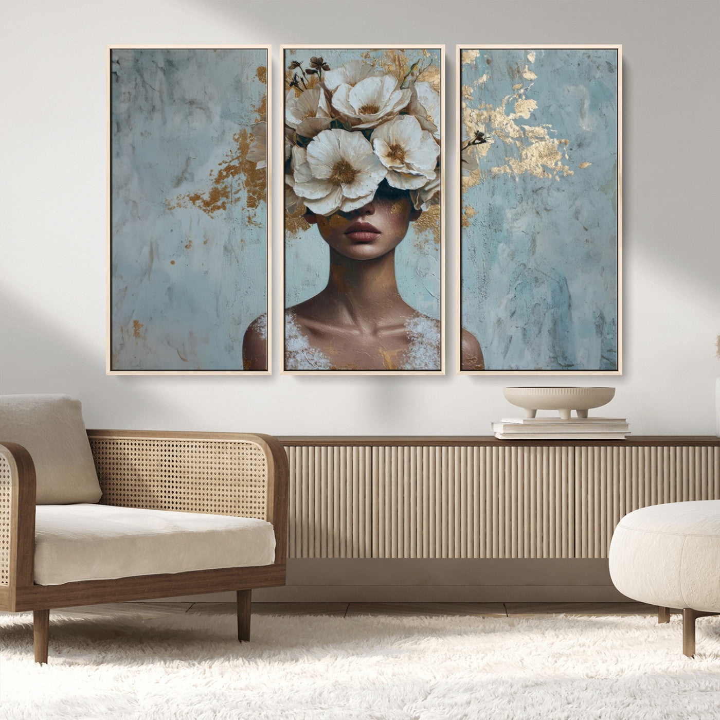 MGV-FC-48X32-3P - Golden Petal Wall Art - Petal Silhouette Woman Wall Art Canvas Print | Large 3-Panel Canvas with
