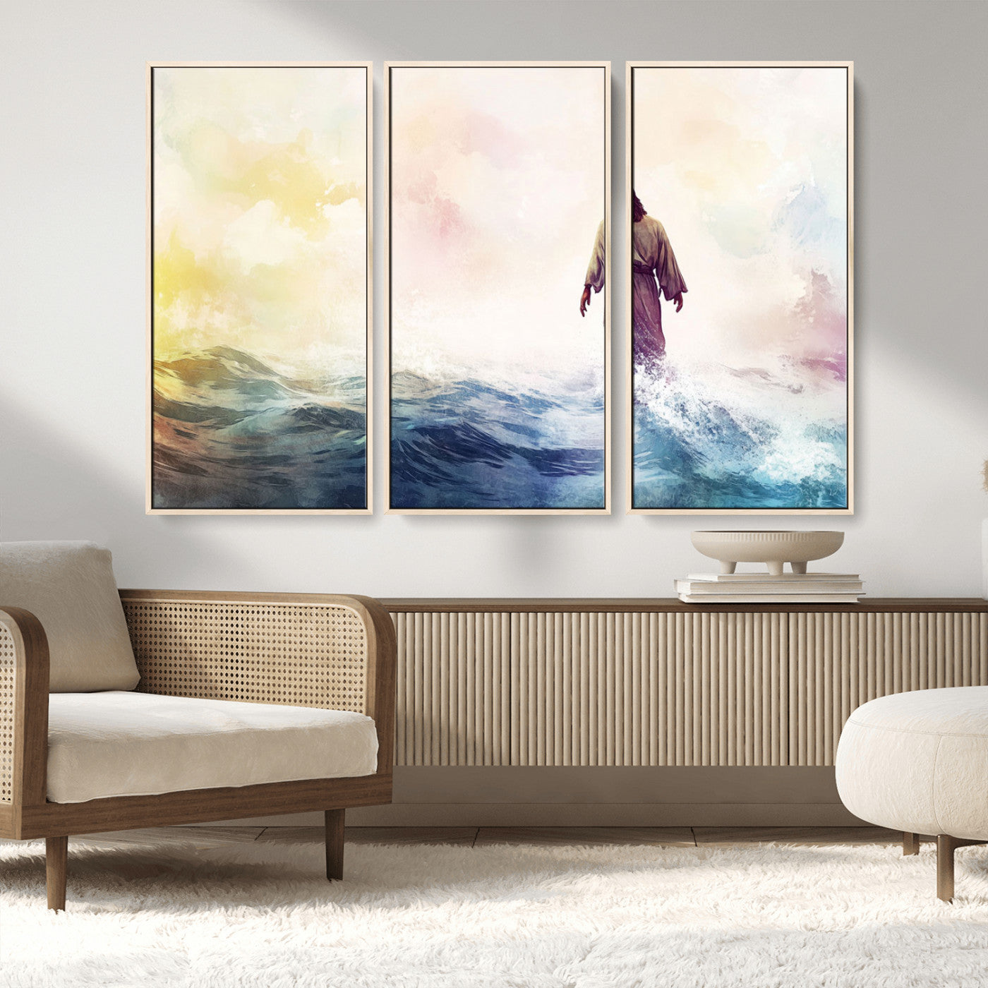 MGV-FC-48X32-3P - Watercolor Jesus Walking on Water Canvas Print, Christian Wall Art, Jesus Christ Walking
