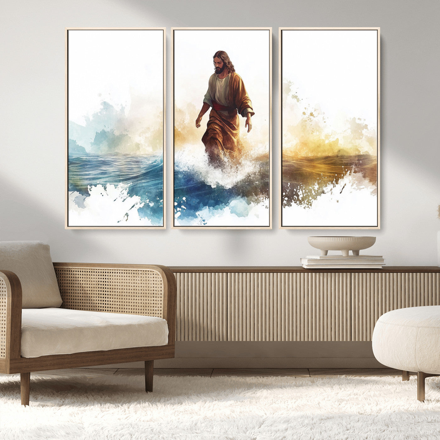 MGV-FC-48X32-3P - Watercolor Jesus Walking Wall Art Print, Jesus Water Canvas Print, Christian Wall Art, Jesus Christ