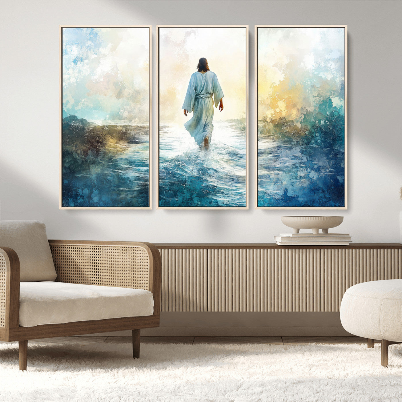MGV-FC-48X32-3P - Watercolor Jesus Walking on Water Canvas Print, Christian Wall Art, Jesus Christ Walking