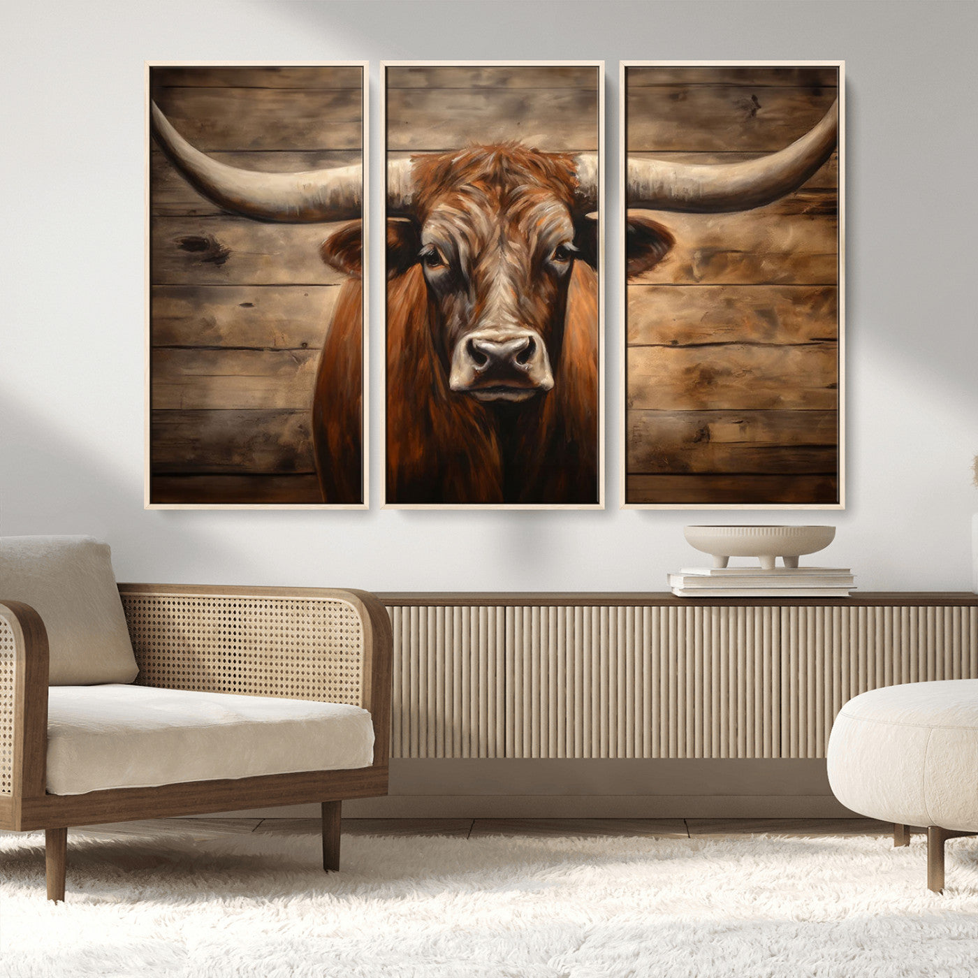 77556-MGV-FC-48X32-3P_Natural-Longhorn Bull Wall Art | Canvas Print | Ready to Hang | Rustic Farmhouse Wall Decor | Western Barn