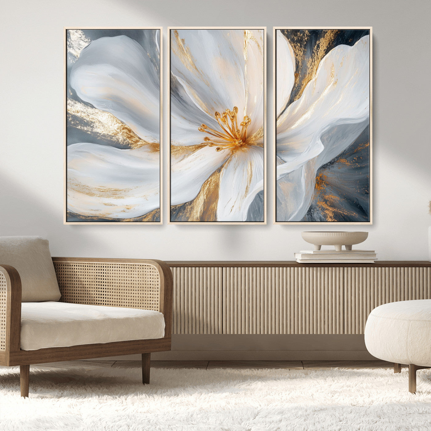 MGV-FC-48X32-3P - White and Gold Floral Canvas Wall Art - Framed and Ready to Hang - Perfect for Modern Living Rooms
