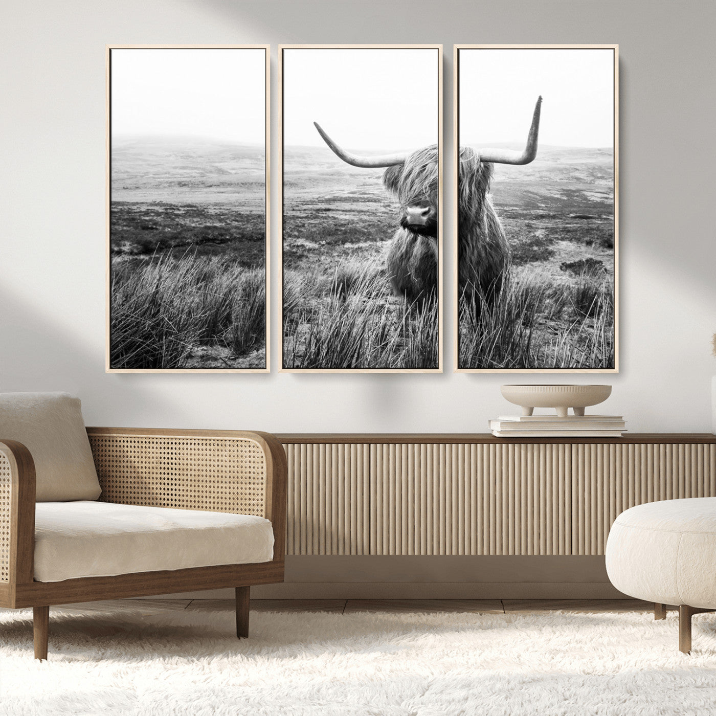 MGV-FC-48X32-3P - Scottish Highland Cow Wall Art | Black and White Canvas Print | Ready to Hang and Framed | Rustic