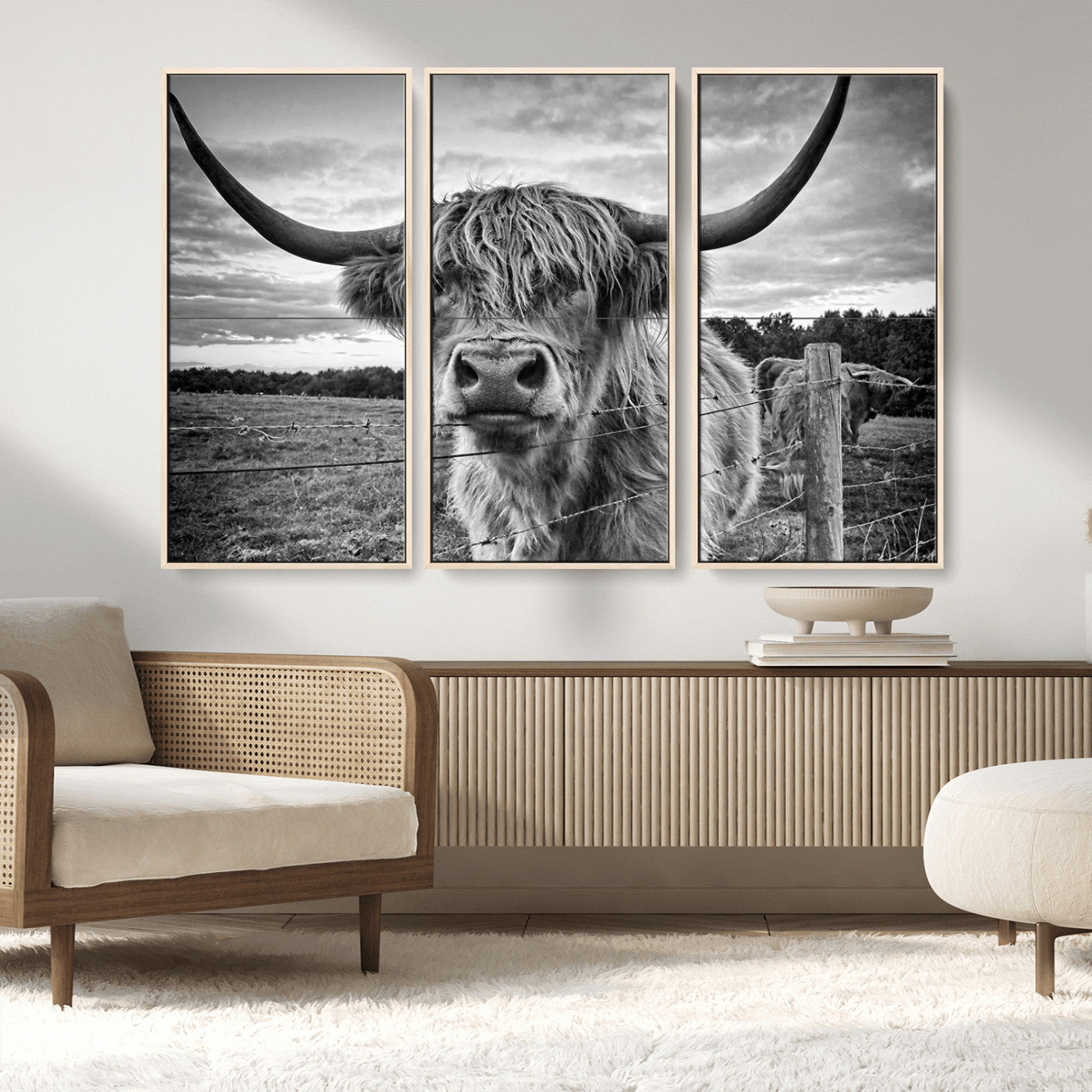 MGV-FC-48X32-3P - Scottish Highland Cow Wall Art Canvas Print | Ready to Hang and Framed | Rustic Farmhouse Decor