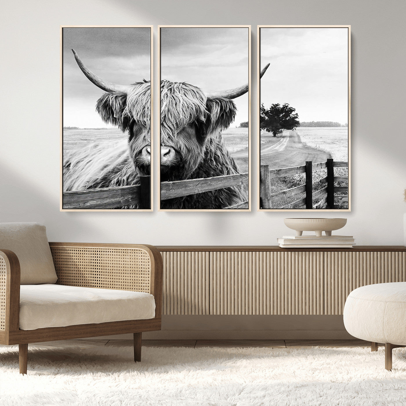 MGV-FC-48X32-3P - Scottish Highland Cow Wall Art | Rustic Farmhouse Décor | Black and White Ready to Hang Canvas Print