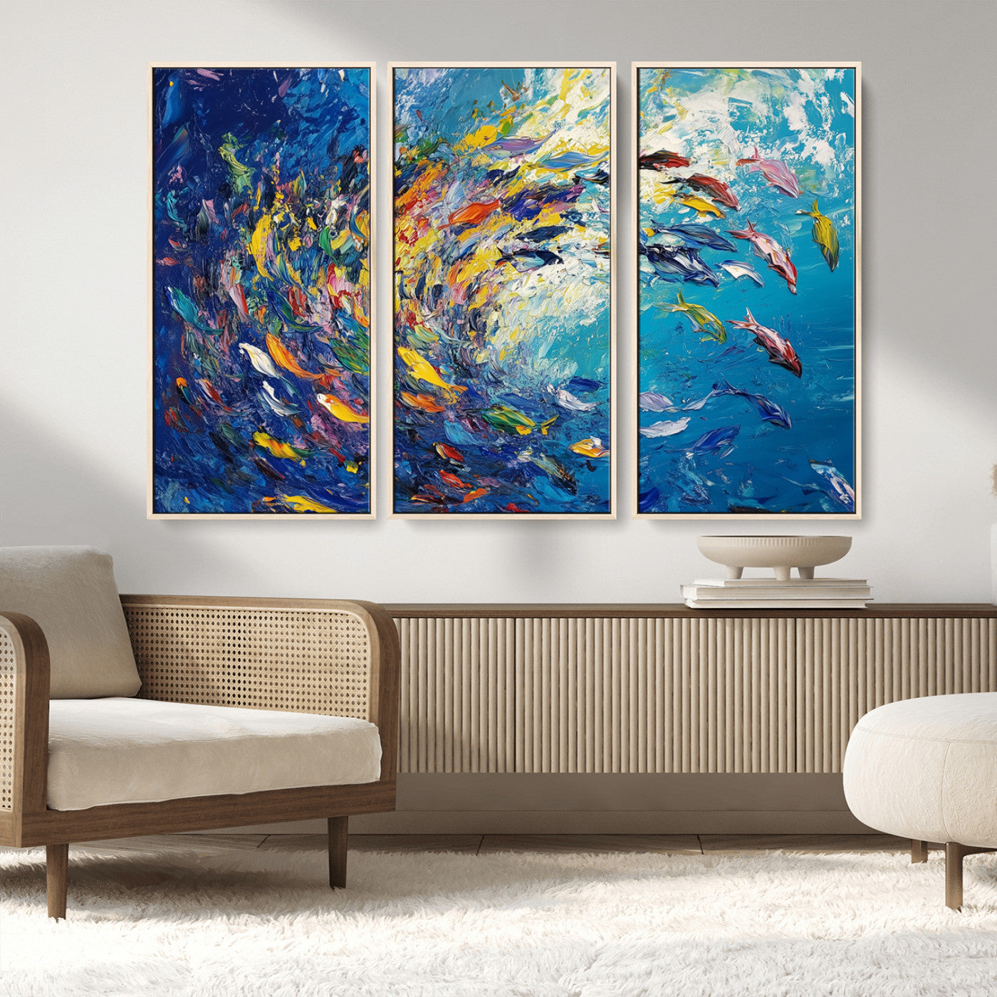 MGV-FC-48X32-3P - Colorful Swirling Fish School Wall Art Canvas Print | Oceanic Abstract Painting | Ready to Hang |