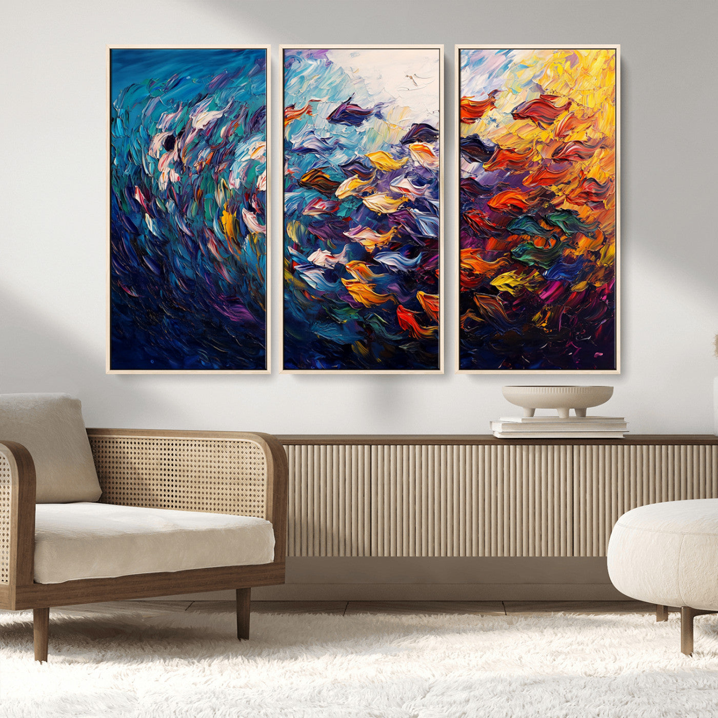 MGV-FC-48X32-3P - Vibrant Abstract Fish Swarm Art – Colorful Fish Inspired 3-Piece Canvas Wall Art for Living Room or