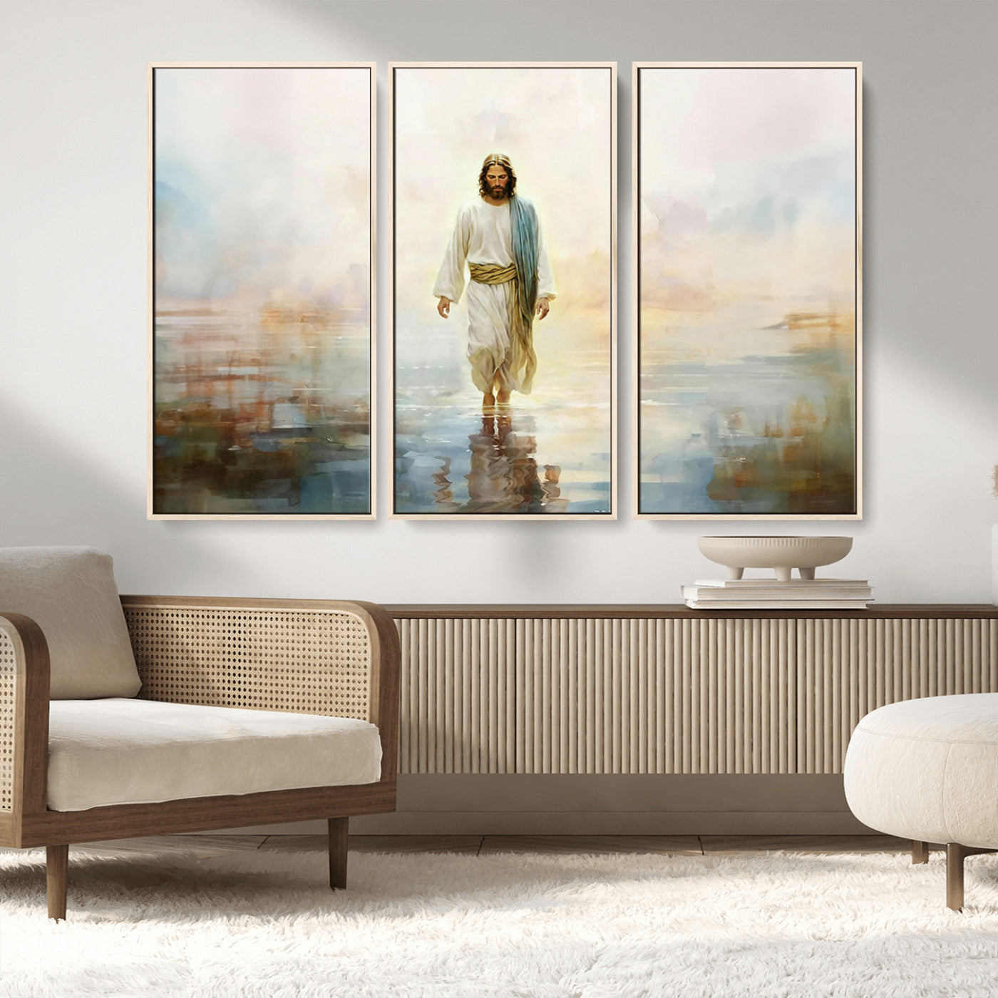 MGV-FC-48X32-3P - Framed Jesus Walking on Water Wall Art - 3-Panel Christian Canvas Prints, Religious Artwork for