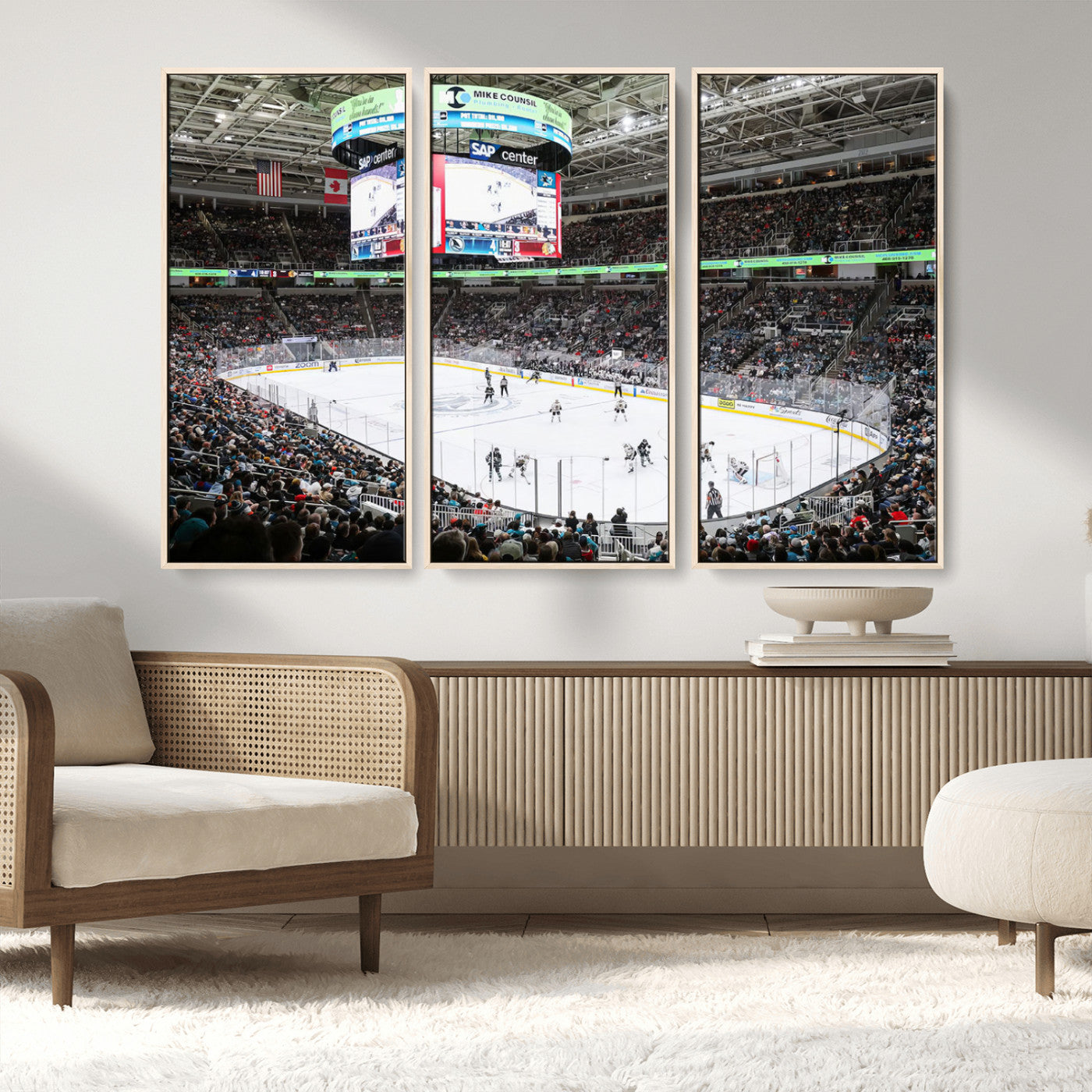 MGV-FC-48X32-3P - Sharks Arena Blackhawks Sharks Ice Hockey Stadium Wall Art Canvas Print, Framed Blackhawks Sharks