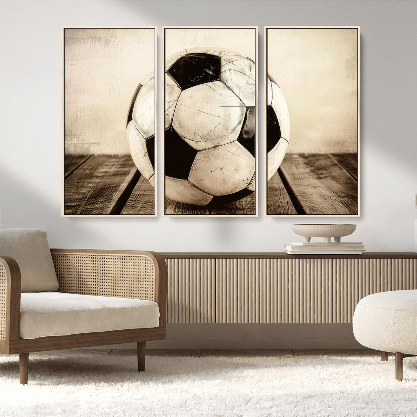 MGV-FC-48X32-3P - Vintage Soccer Ball Wall Decor Canvas Art – 3-Panel Soccer Wall Decor, Framed and Ready to Hang