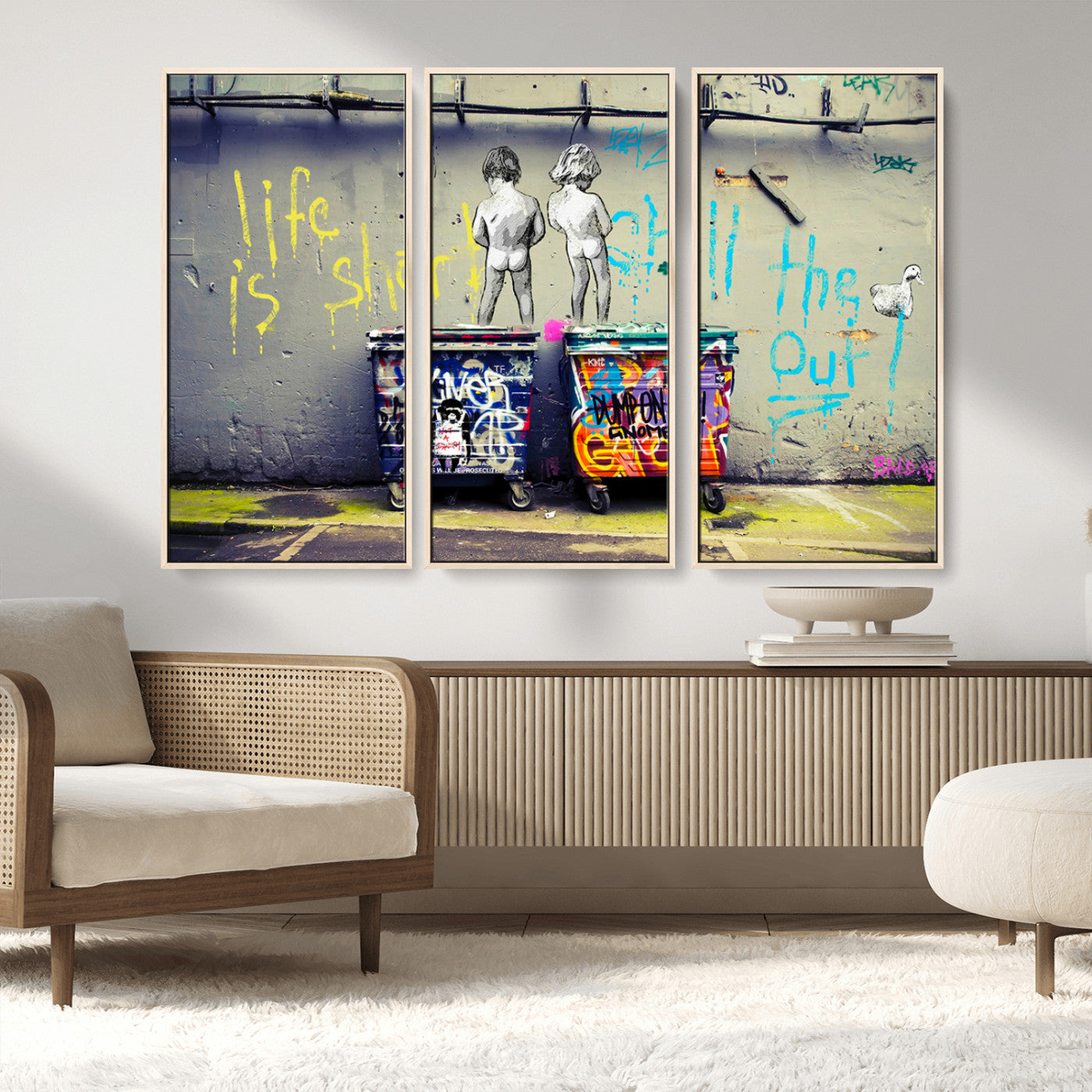 MGV-FC-48X32-3P - Banksy Life is Short Wall Art - Iconic Graffiti Art on Framed Ready-to-Hang Canvas - Street Art