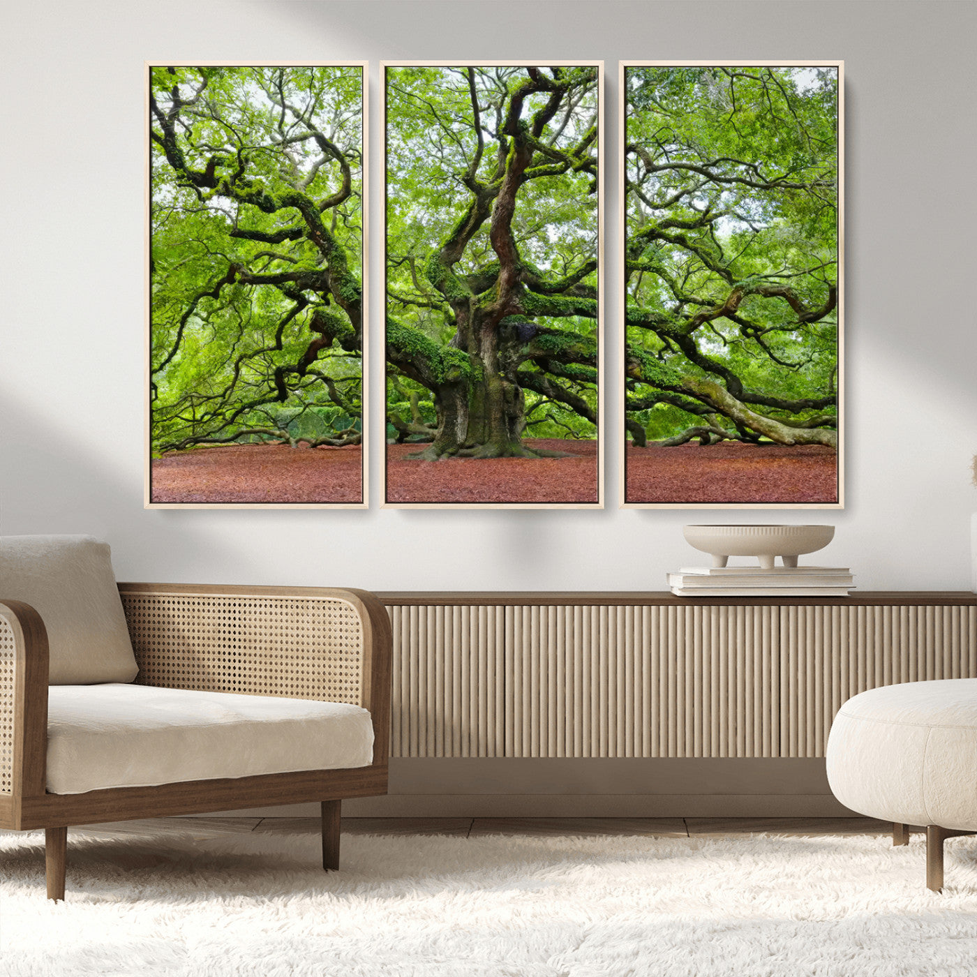 MGV-FC-48X32-3P - Framed Angel Oak Tree Wall Art - 3-Panel Canvas Prints, Large Green Nature Artwork, Ready to Hang