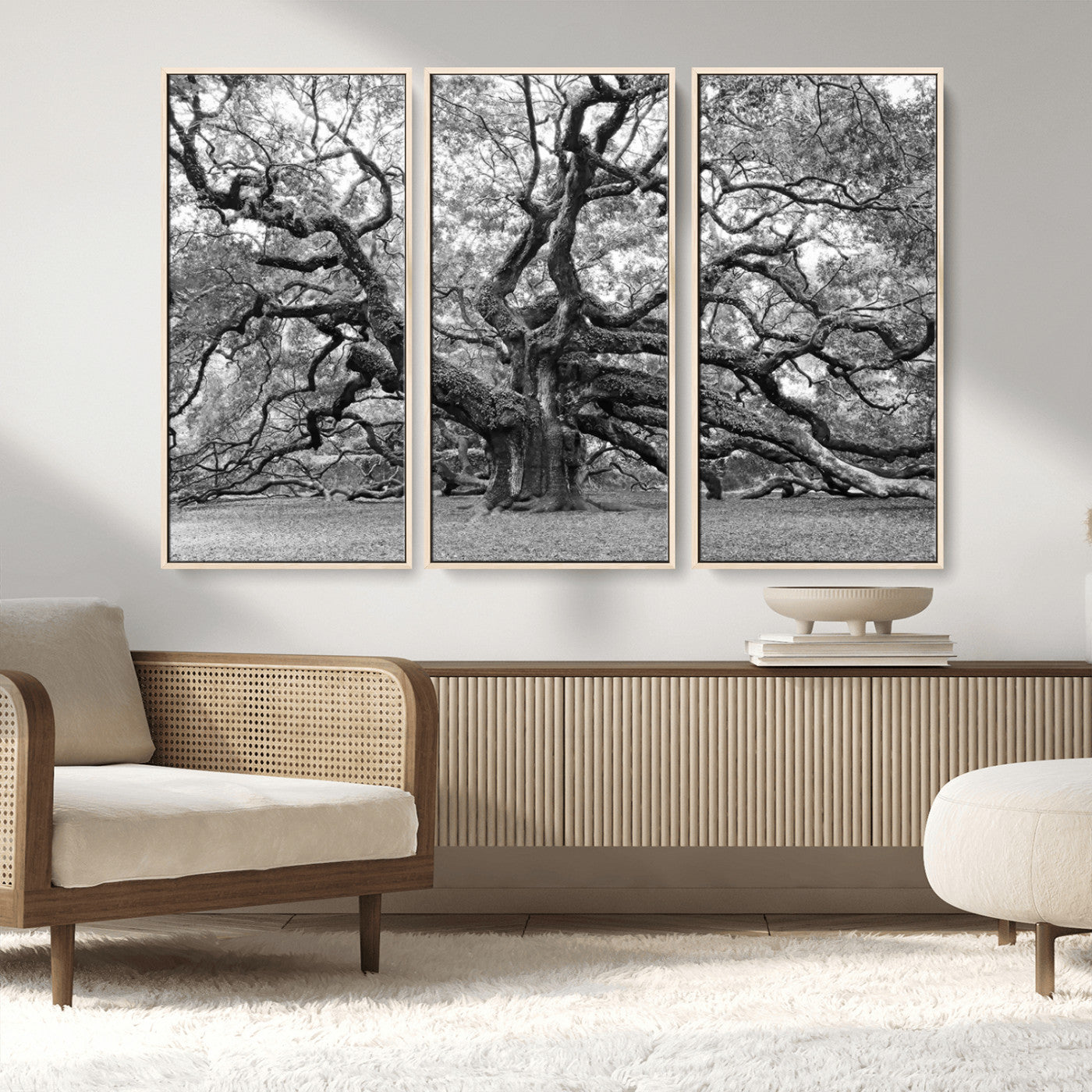 MGV-FC-48X32-3P - Black White Angel Oak Tree Wall Art - Timeless Nature-Inspired Canvas for Rustic, Modern, or