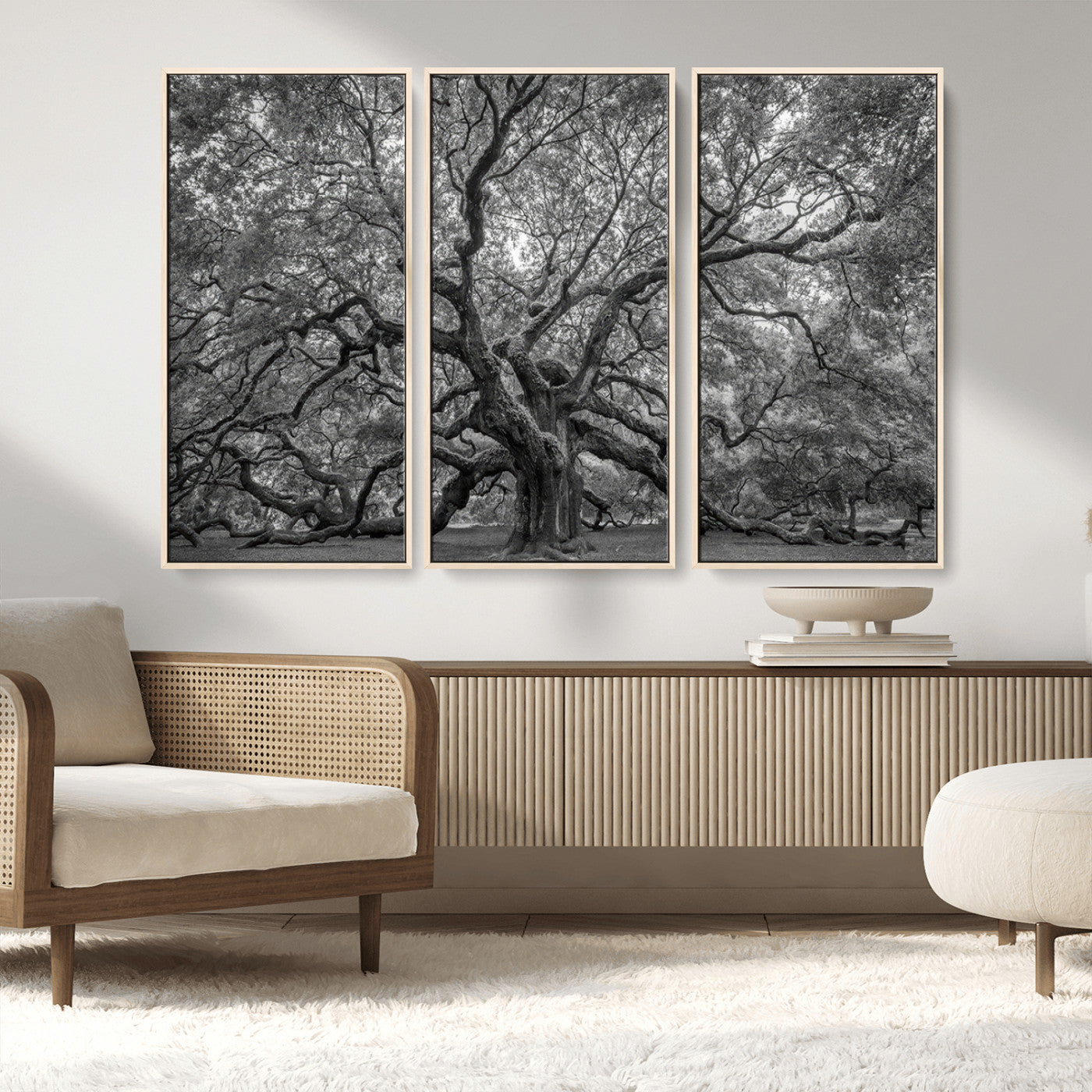 97240-MGV-FC-48X32-3P_Natural-Majestic Angel Oak Tree Black and White Canvas Print – Multi Panel Wall Art, Giclée Print, Ready to