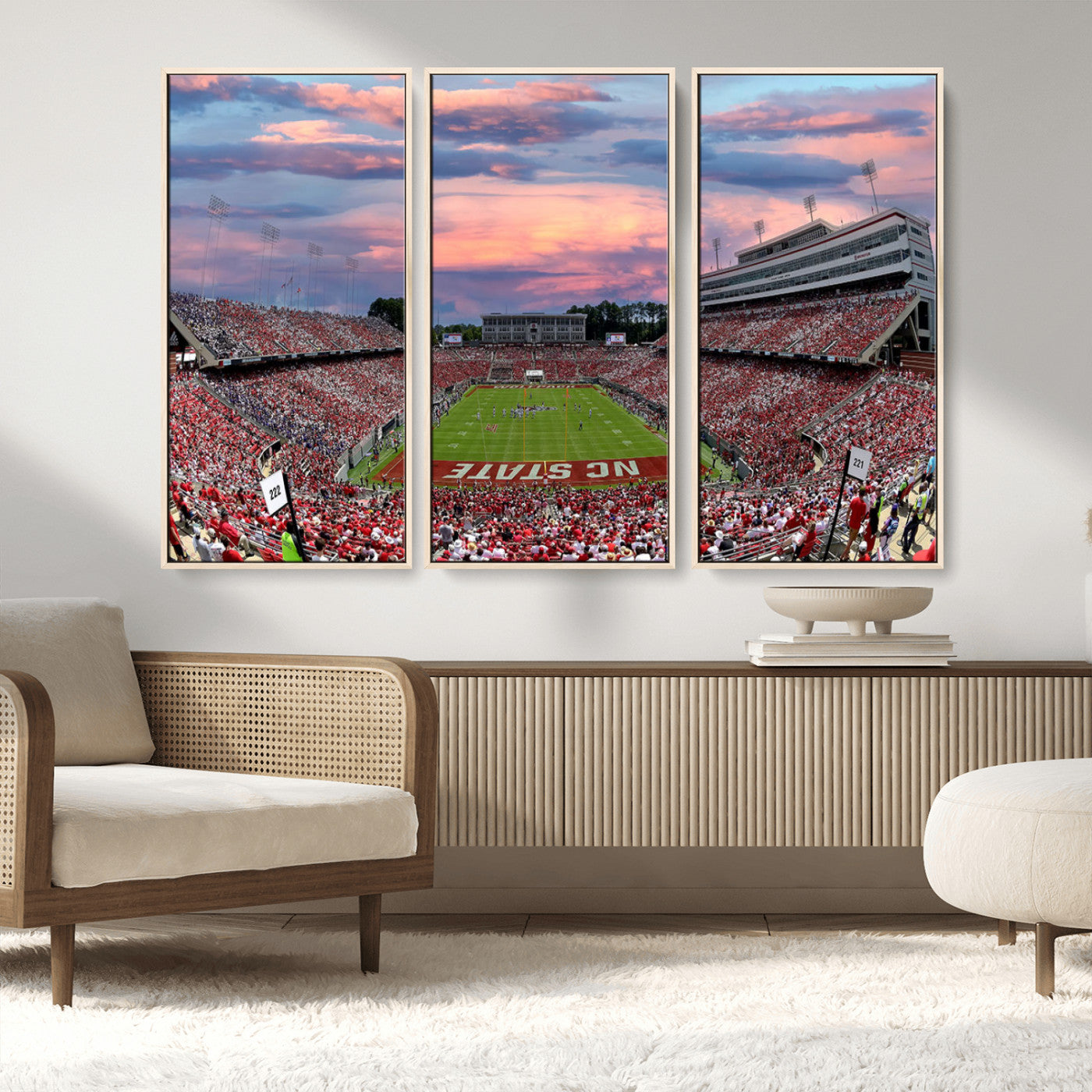 MGV-FC-48X32-3P - Carter-Finley Stadium Art Sunset Game Triple Canvas Wall Art - NC State Wolfpack Football Match