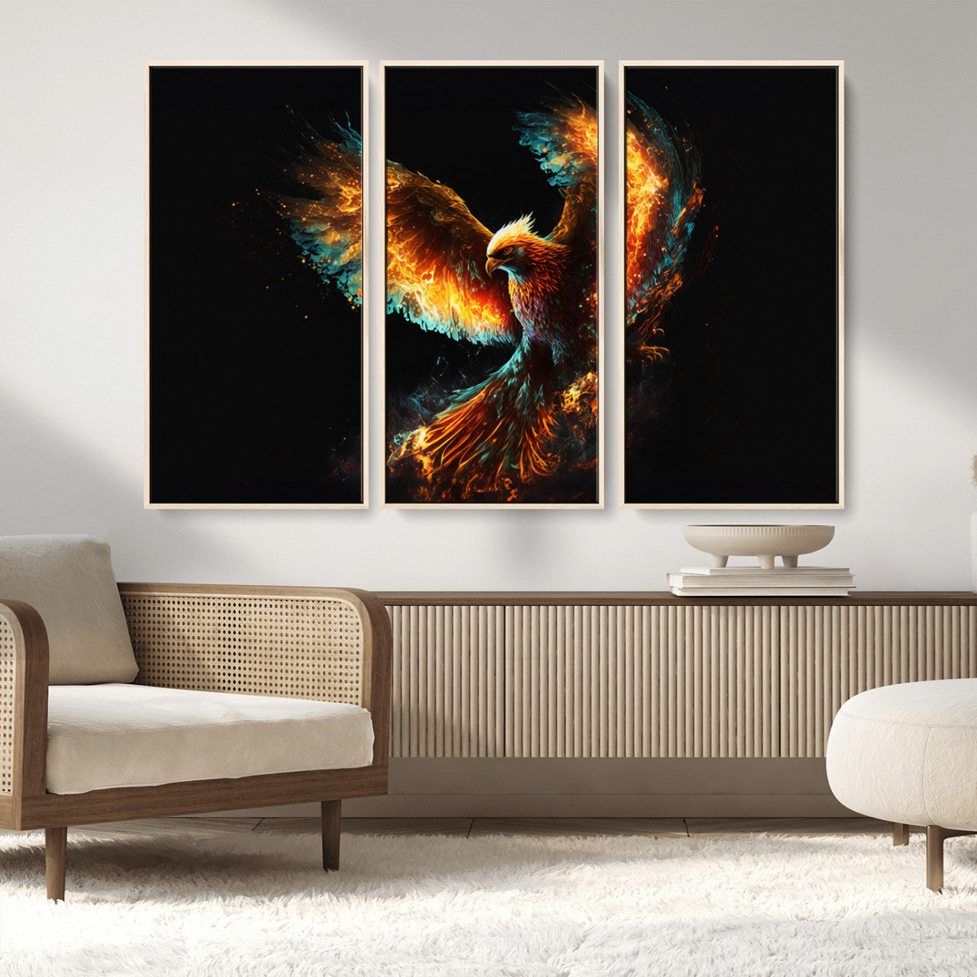 MGV-FC-48X32-3P - Fiery Phoenix Canvas Print | Ready to Hang Wall Art | Bold Fantasy Decor for Living Room | Majestic