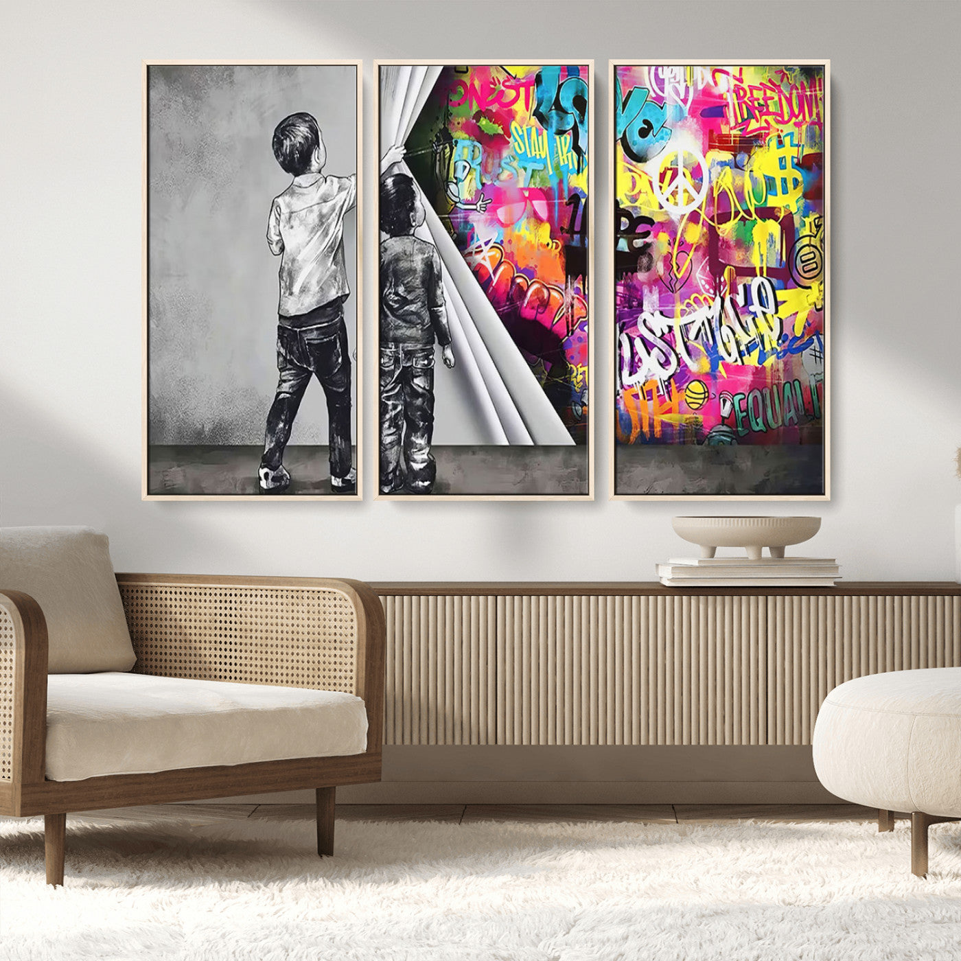 MGV-FC-48X32-3P - Banksy Print - Street Art Canvas Wall Art - Kids Revealing Graffiti, Urban Modern Decor for Living