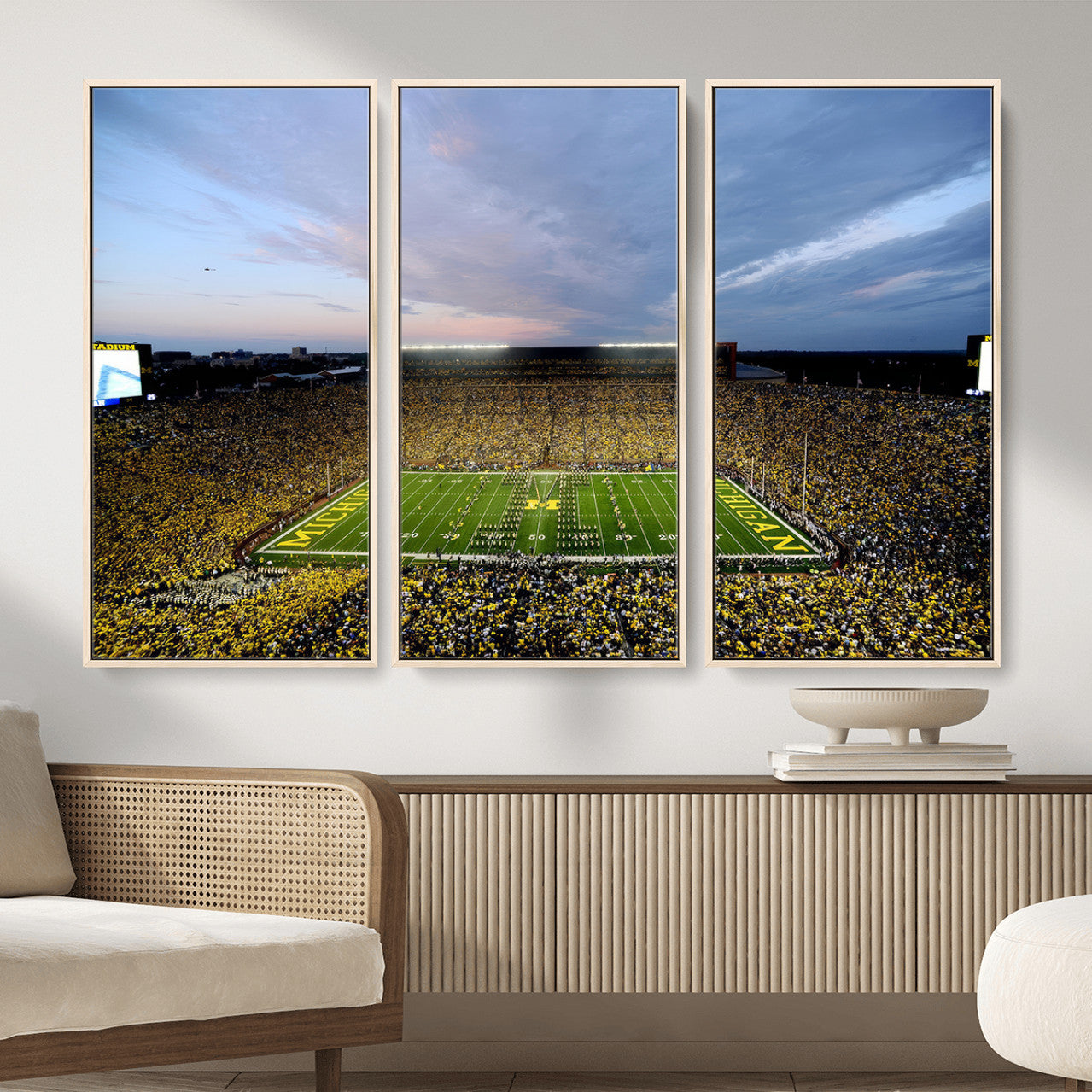 82641-MGV-FC-48X32-3P - Michigan Stadium Wall Art Canvas Print, Vibrant Game Day Crowd and Sunset Sky Football Field Artwork for Home, Office