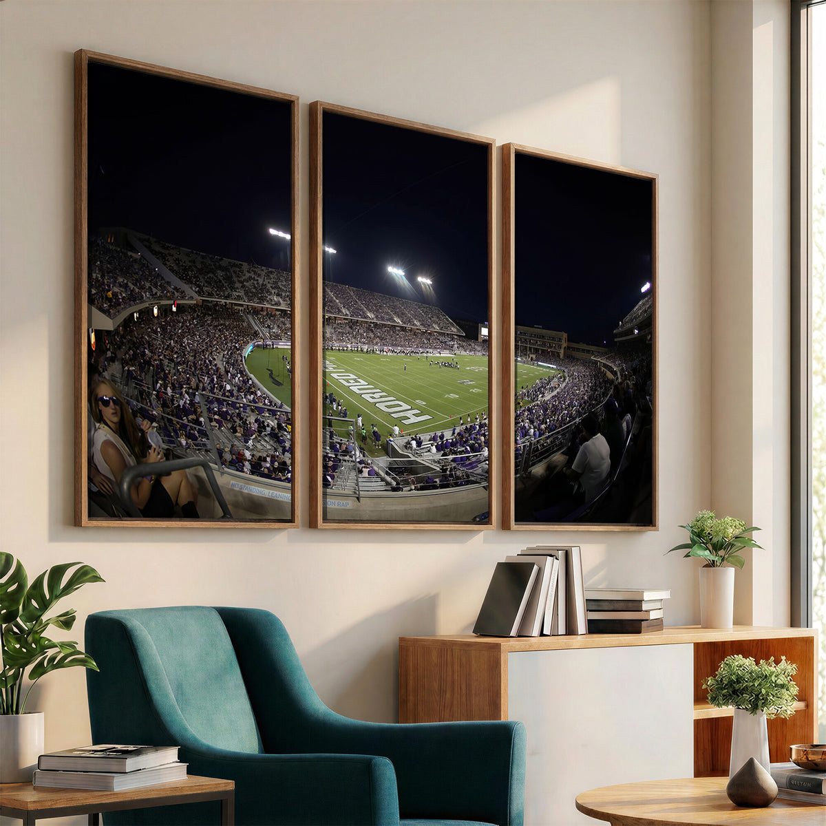 59222-PAN-FL-20X10 - TCU Horned Frogs Football Team Print - Fort Worth Amon G. Carter Stadium Wall Art Canvas Print.