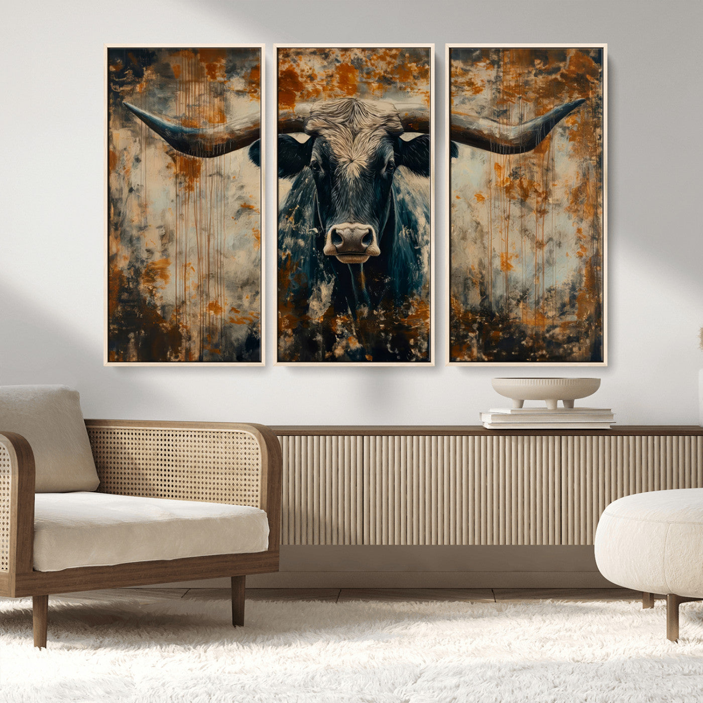 MGV-FC-48X32-3P - Abstract Longhorn Bull Wall Art | Rustic Western Wall Decor | Framed and Ready to Hang | Ideal for