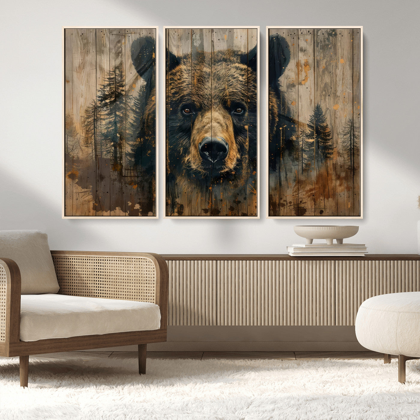 MGV-FC-48X32-3P - Abstract 399 Bear Wall Art | Rustic Cabin Wall Decor with Forest Design | Framed and Ready to Hang |