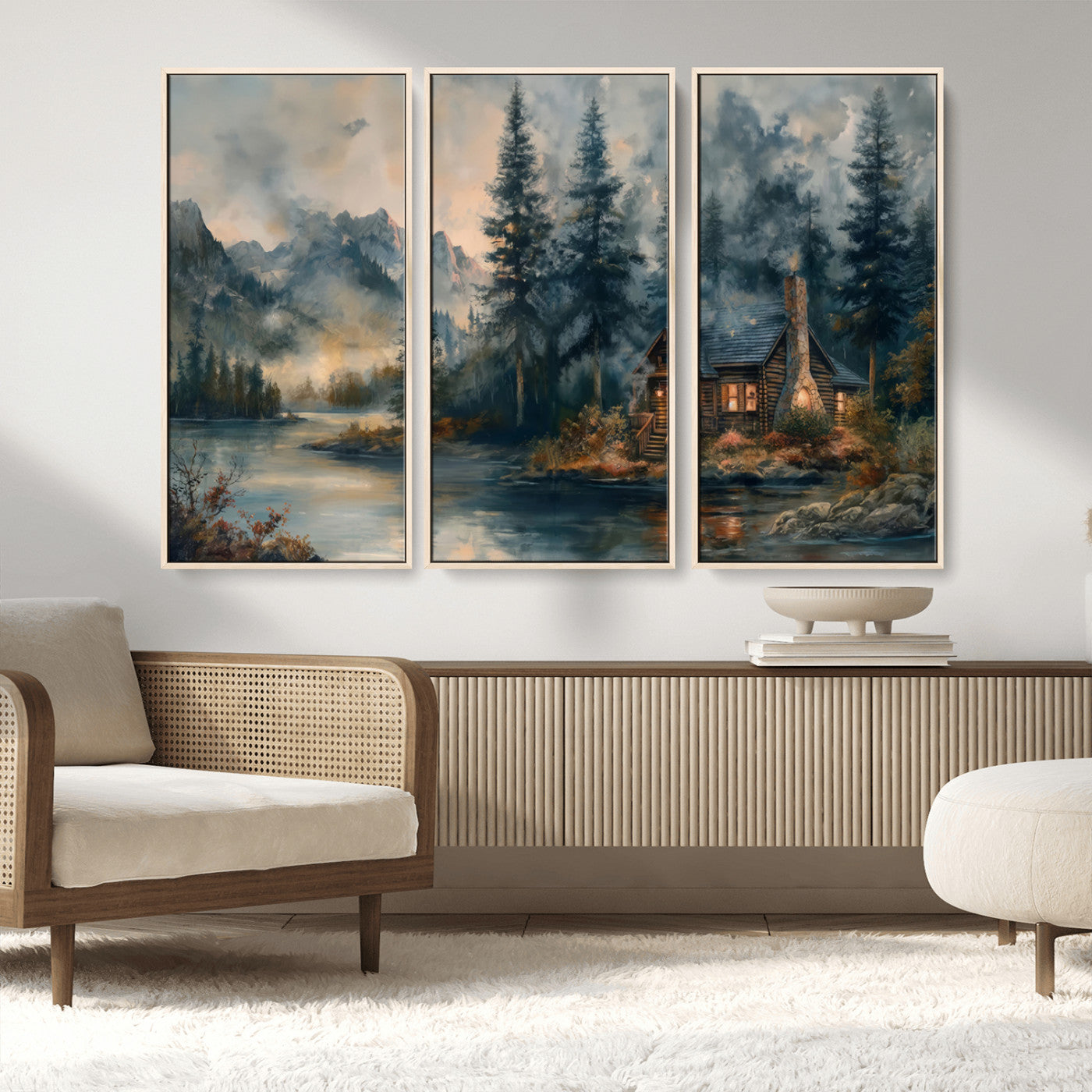 MGV-FC-48X32-3P - Rustic Cabin Woods Wall Art Print | Lake in a Forest Canvas Print | Cabin, Lodge, and Farmhouse