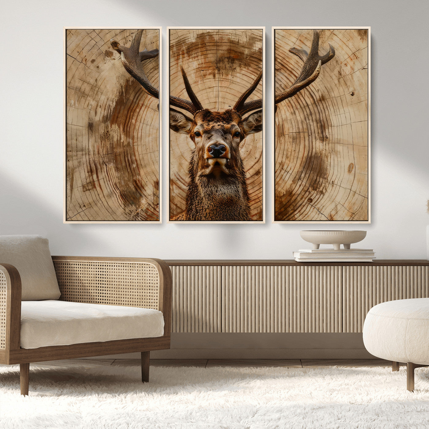 MGV-FC-48X32-3P - Wood Abstract Deer Wall Art | Rustic Wildlife Canvas Print | Ready to Hang Stag Head Triptych for