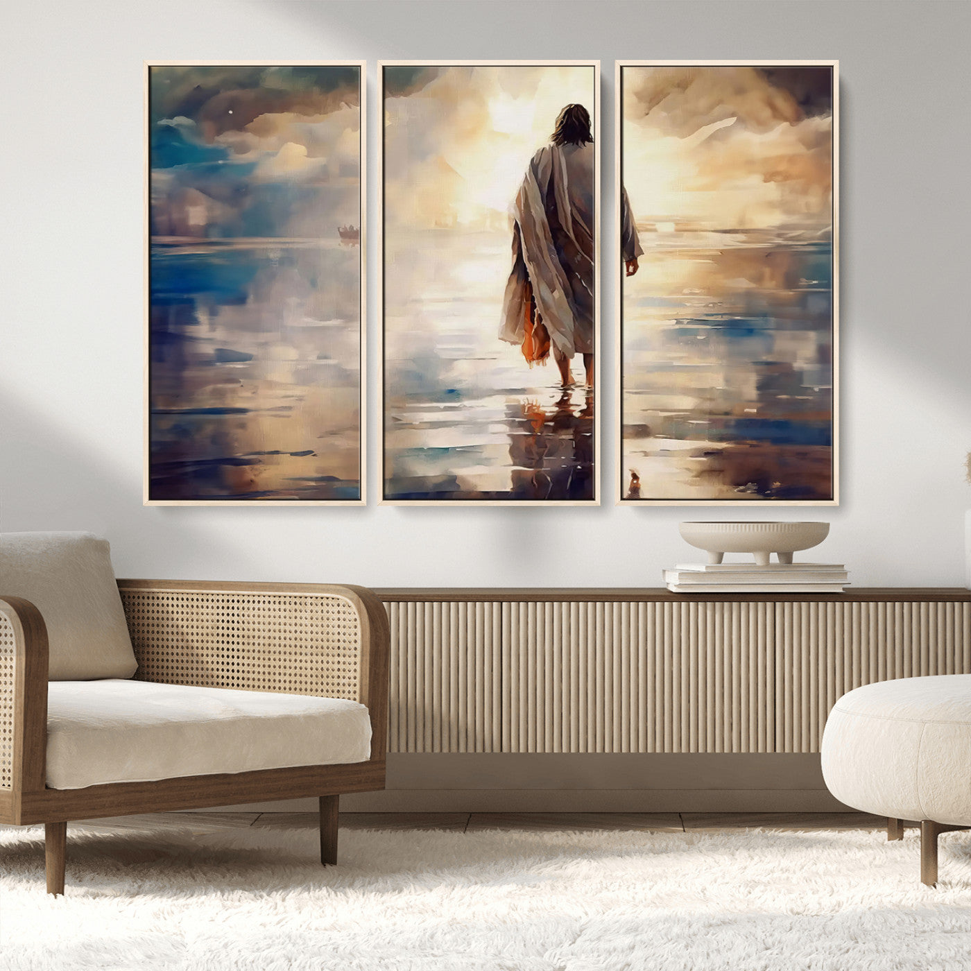 MGV-FC-48X32-3P - Jesus Walking on Water Wall Art | Ready to Hang Spiritual Triptych Canvas Print | Inspirational