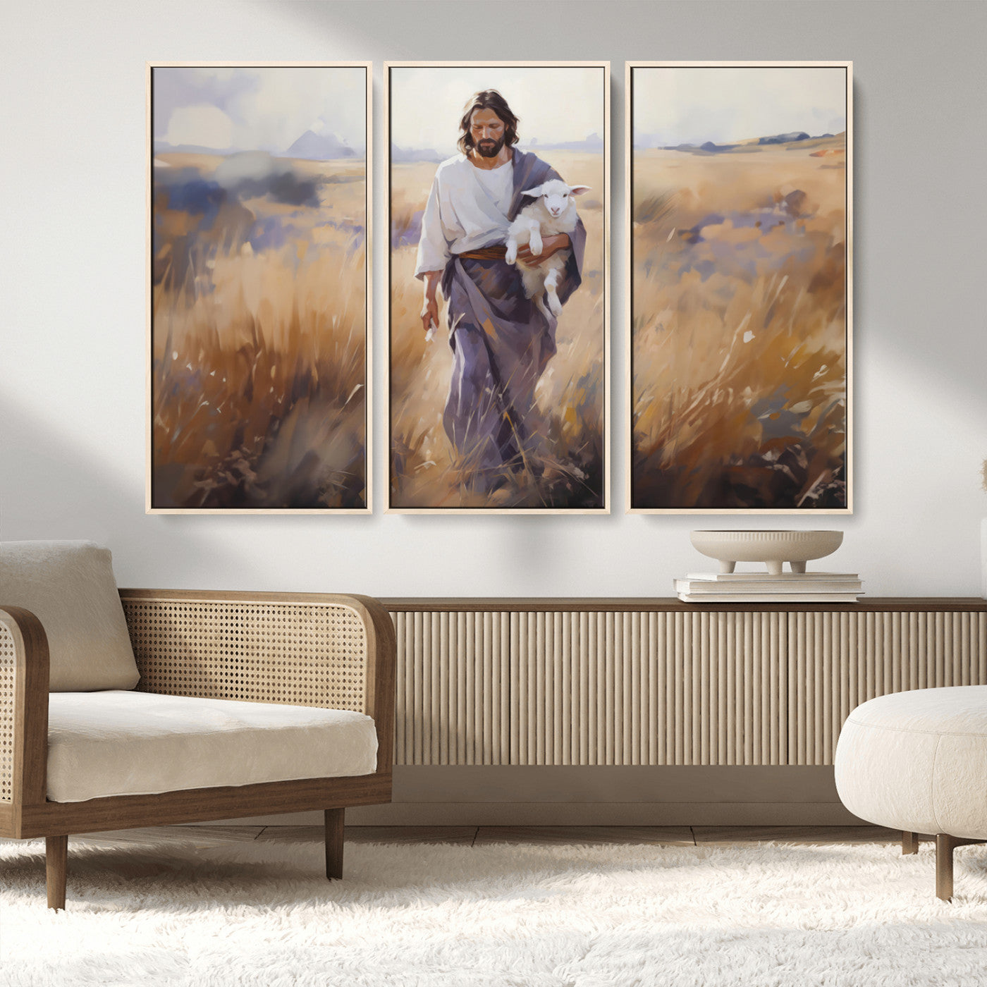 MGV-FC-48X32-3P - Jesus the Good Shepherd Wall Art Canvas Print - Lost Lamb Print for Prayer Room Decor