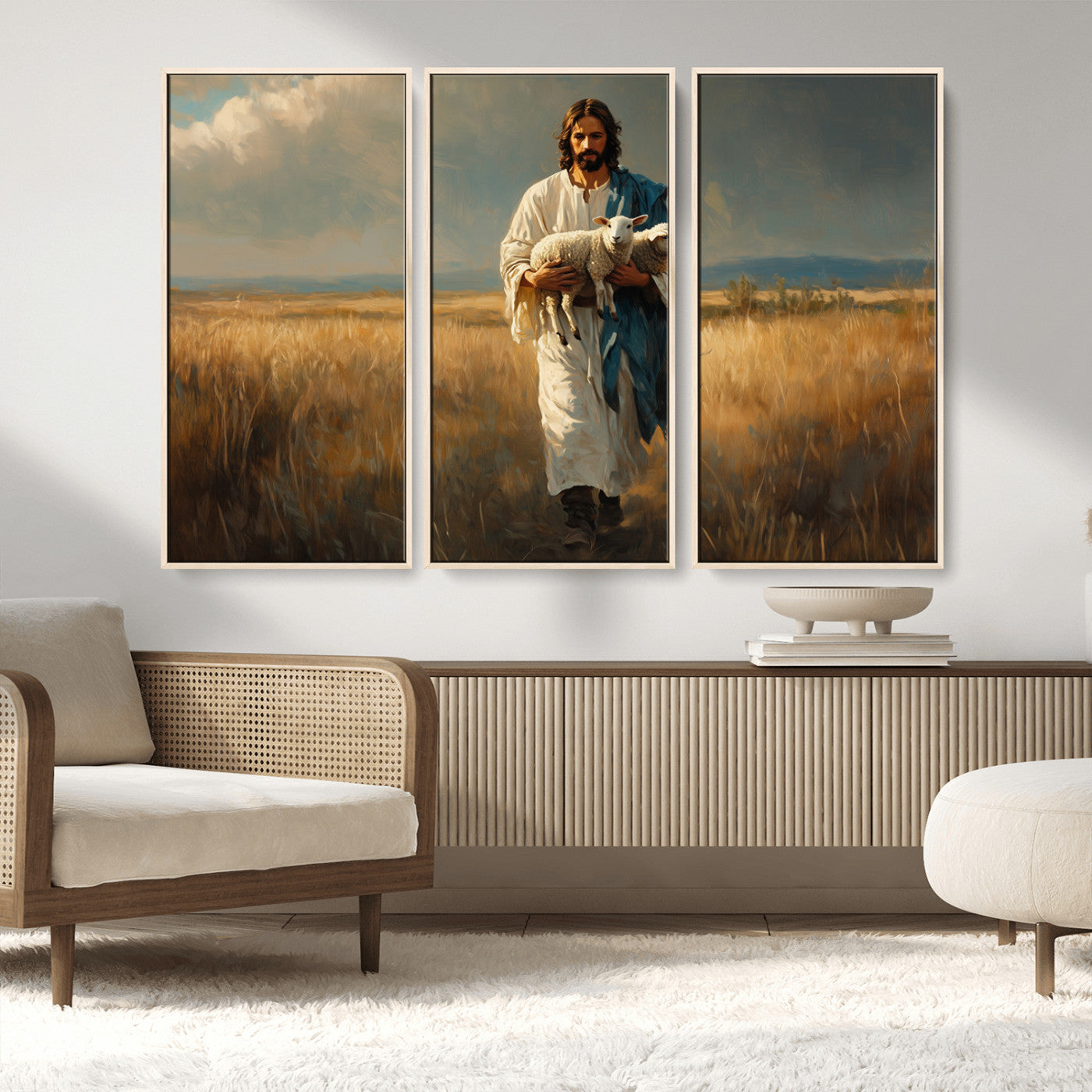 MGV-FC-48X32-3P - Jesus Shepherd Wall Art | Ready to Hang Triptych Canvas of Jesus Holding a Lamb in a Field |