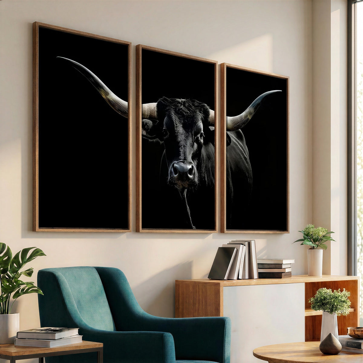 20679-MGV-CV-24X16 - Texas Black Longhorn Bull Wall Art Canvas Print, Western Cattle Rustic Decor