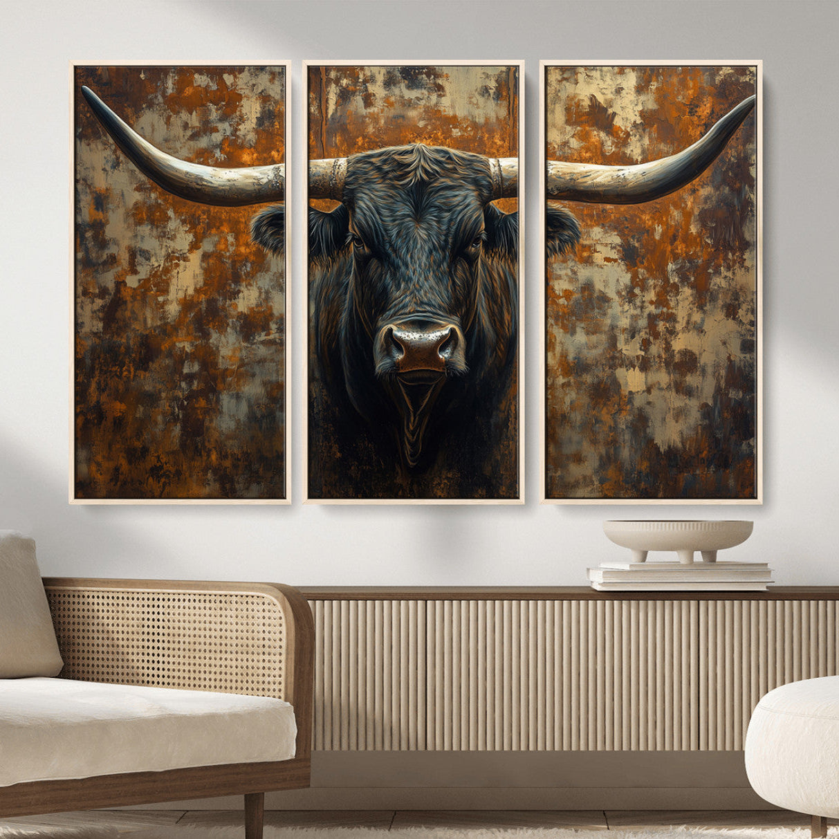 68068-MGV-FC-48X32-3P_Natural-Longhorn Texas Cow Bull Wall Art | Rustic Farmhouse Canvas Print | Ready to Hang Barn Decor for