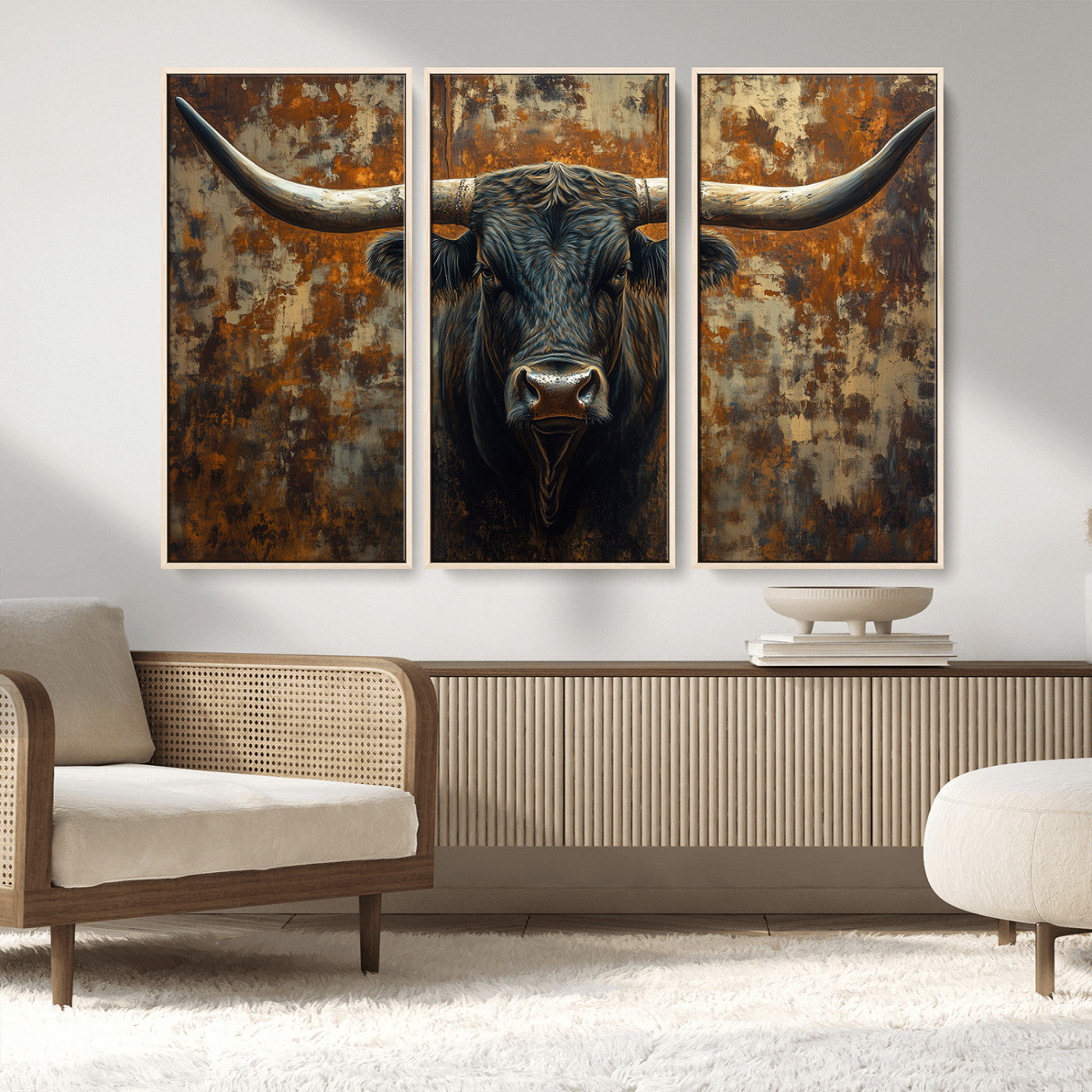MGV-FC-48X32-3P - Longhorn Texas Cow Bull Wall Art | Rustic Farmhouse Canvas Print | Ready to Hang Barn Decor for