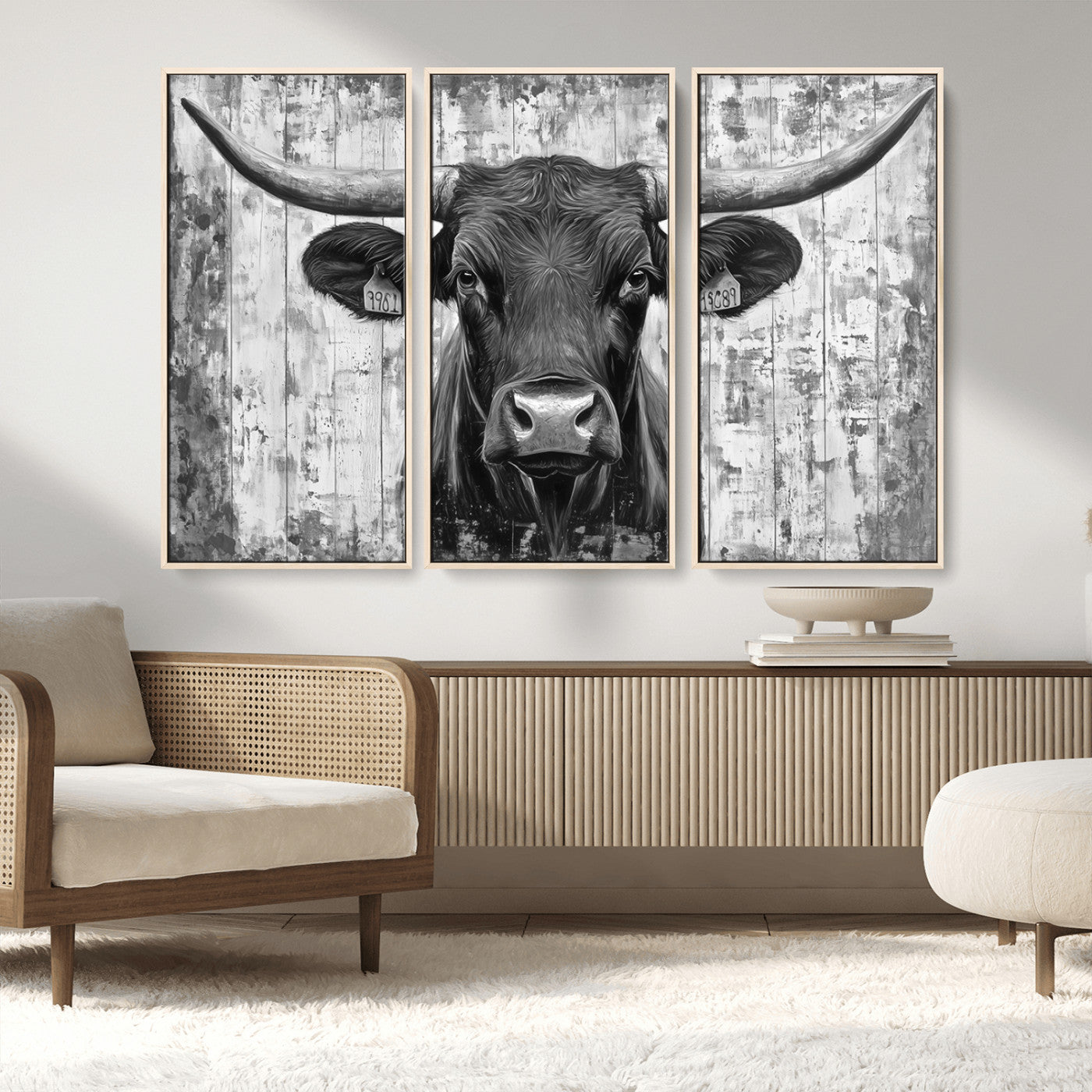 MGV-FC-48X32-3P - Abstract Longhorn Bull Wall Art Canvas Print - Rustic Texas Western Cow Artwork