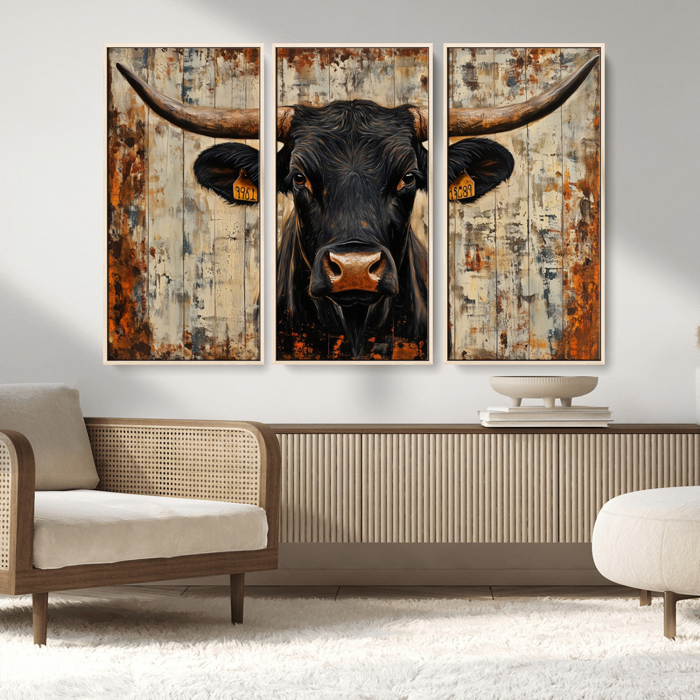 MGV-FC-48X32-3P - Rustic Texas Artwork Wall Art Canvas Print - Abstract Cow Longhorn Bull Wall Art Canvas Print