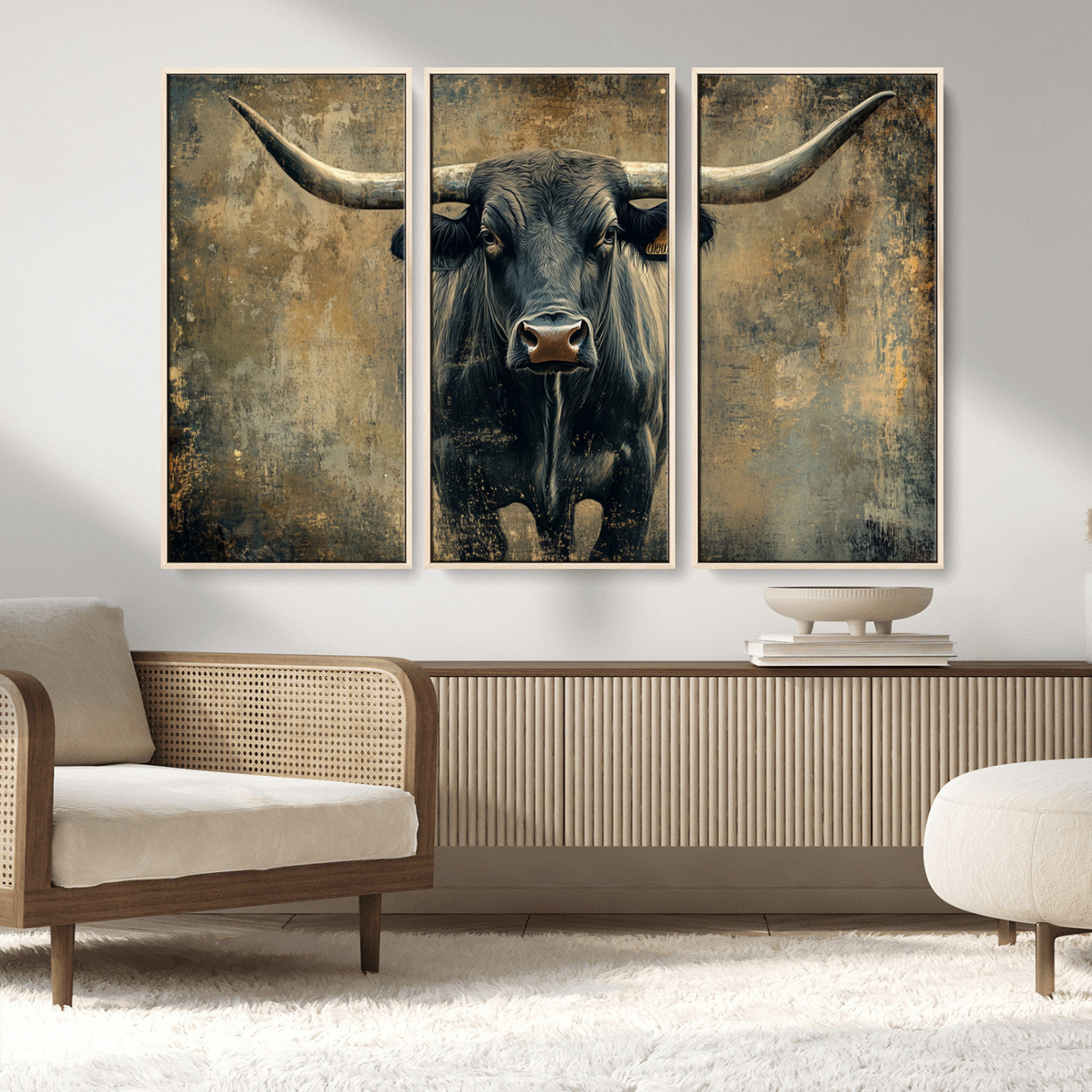 MGV-FC-48X32-3P - Longhorn Bull Wall Art Canvas Print, Framed Rustic Cow Art Picture Print, Texas Longhorn Perfect Western Decor Artwork